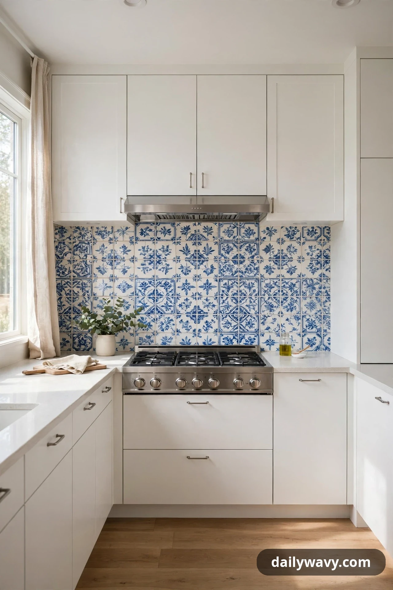 Blue and white Portuguese-style patterned tiles cover the backsplash wall behind a stainless steel range, surrounded by modern white flat-front cabinets.