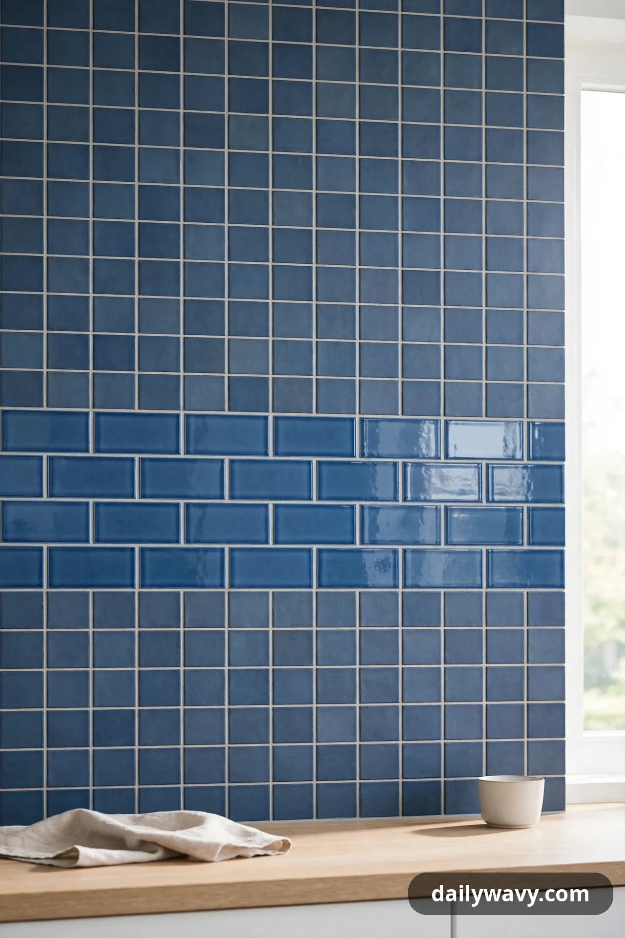Matte slate-blue square tiles frame a horizontal band of glossy deeper blue subway tiles across the middle of a kitchen wall.