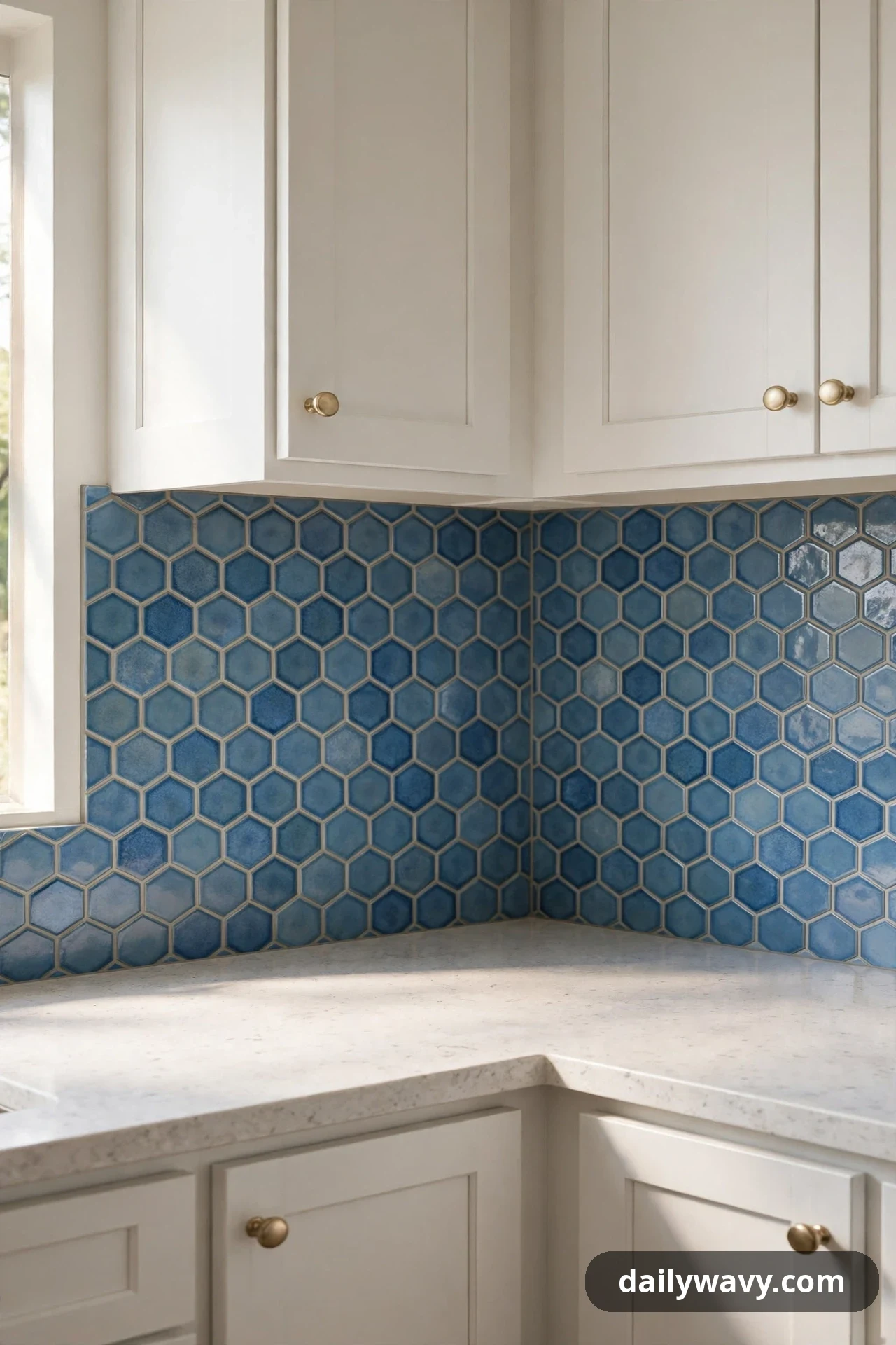 Medium blue hexagonal tiles wrap around a kitchen corner beneath white cabinets with brass knobs, continuing across both walls above a pale countertop.
