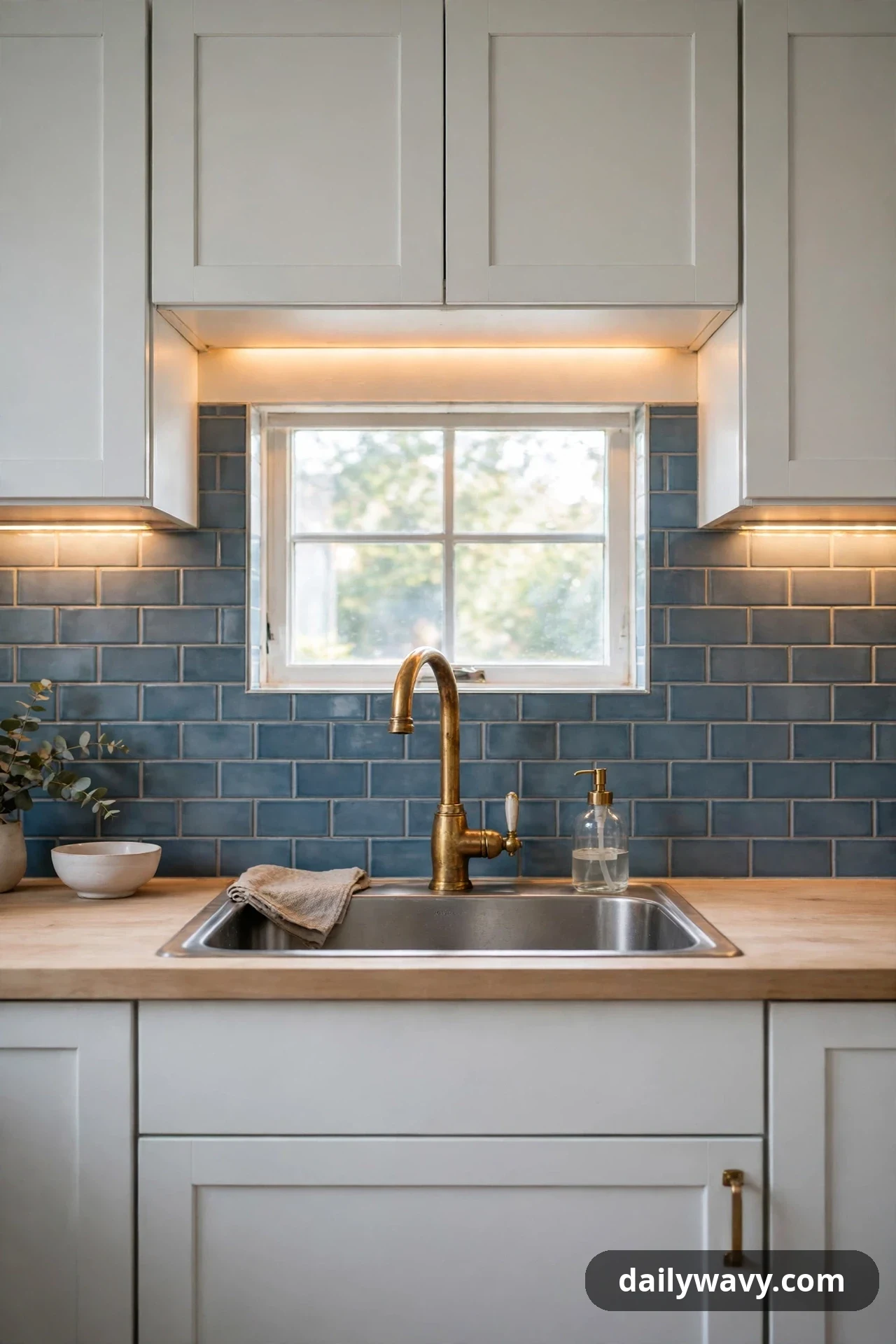 Steel-blue subway tiles surround a window above a sink with an aged brass faucet, lit by warm under-cabinet lighting.