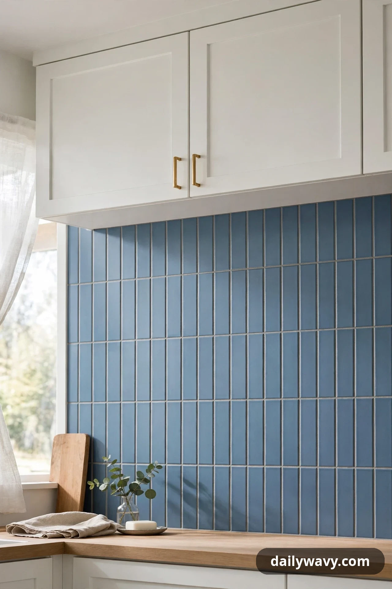 Slim steel-blue tiles stacked in vertical columns run from a wooden countertop to the underside of white cabinets.