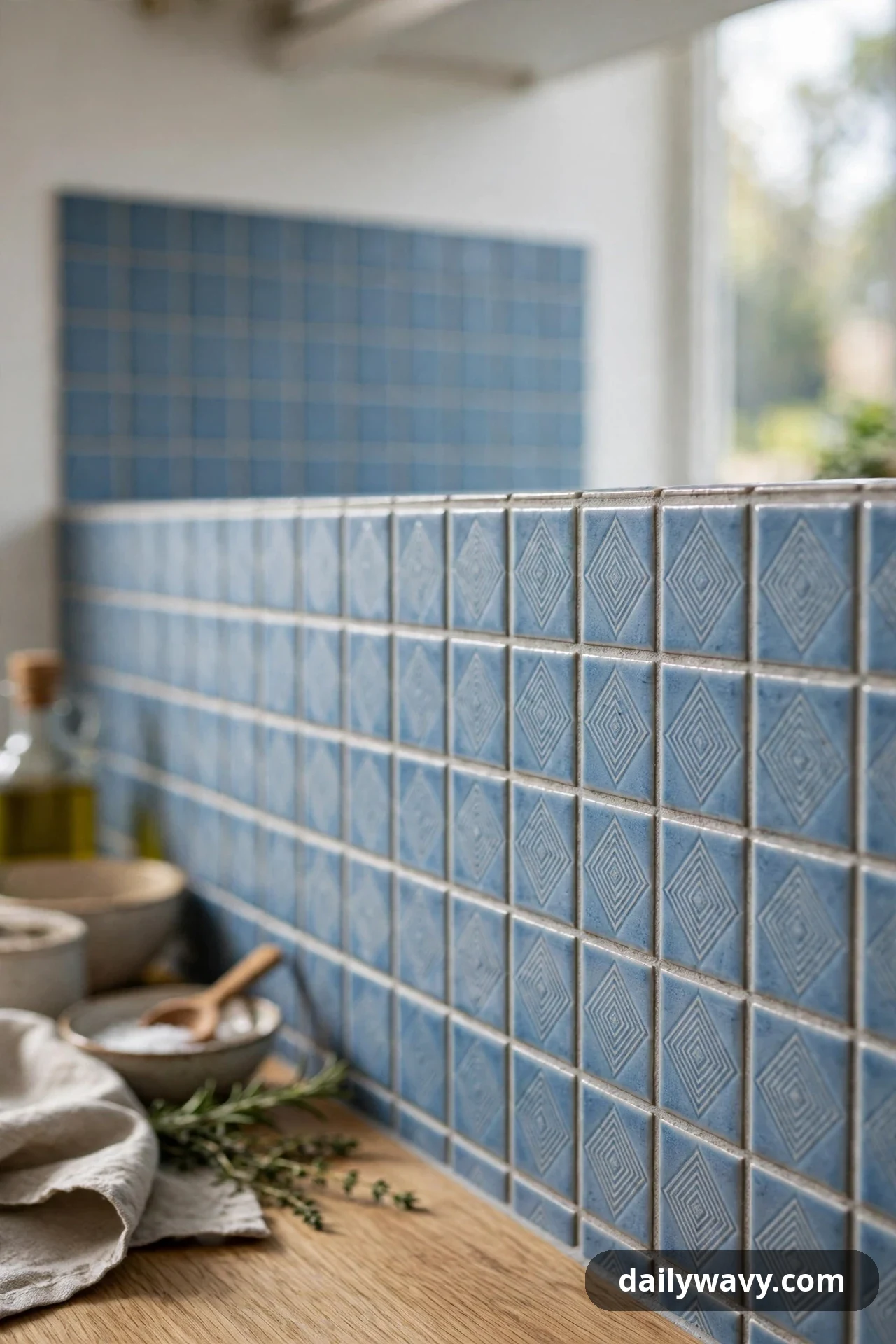 A close-up shows powder-blue square tiles embossed with a tone-on-tone diamond motif along a kitchen counter.