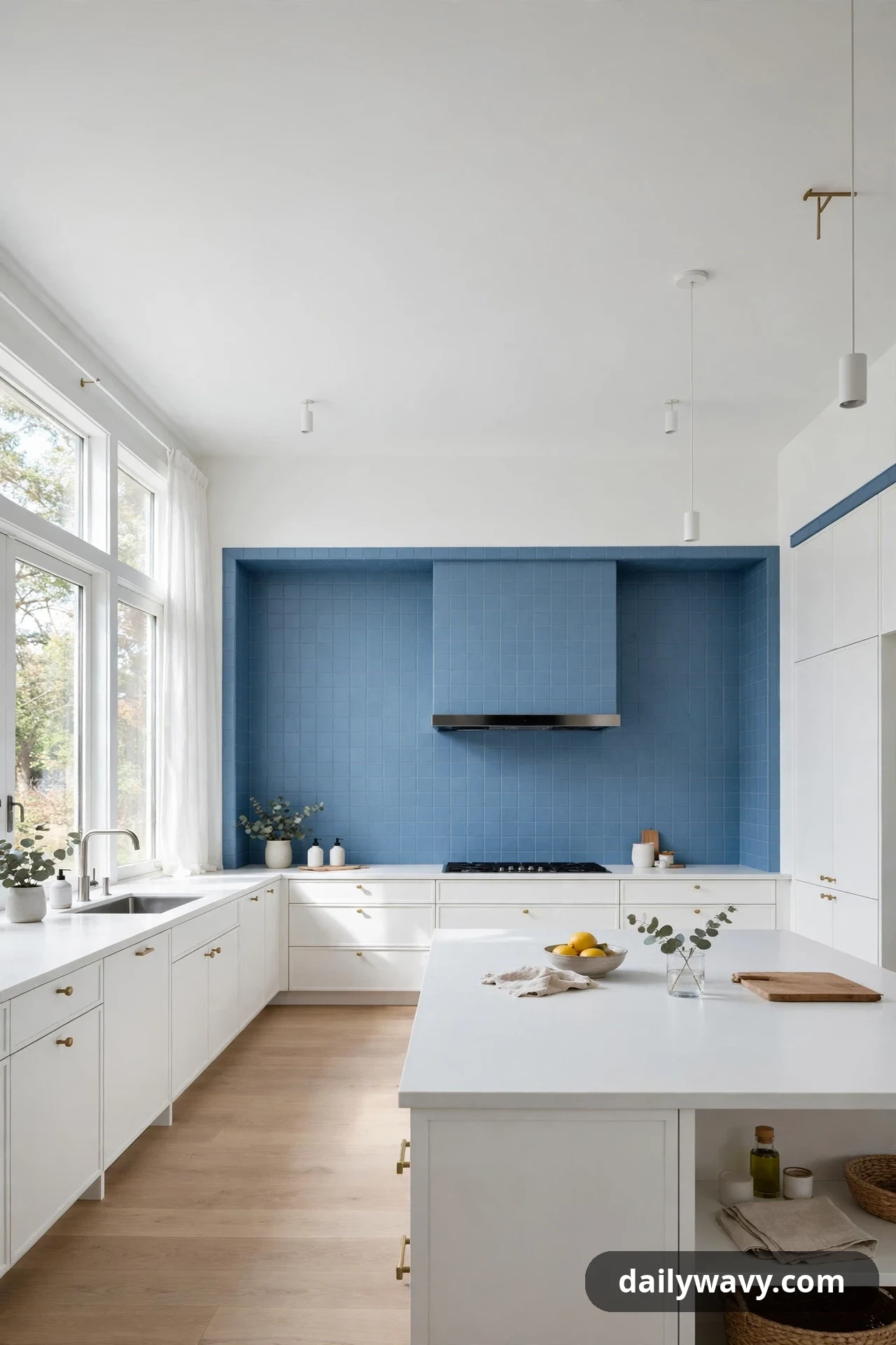 A wide view of a minimalist white kitchen shows a cooking niche fully lined in medium blue square tiles, with the range hood covered in matching blue tile.