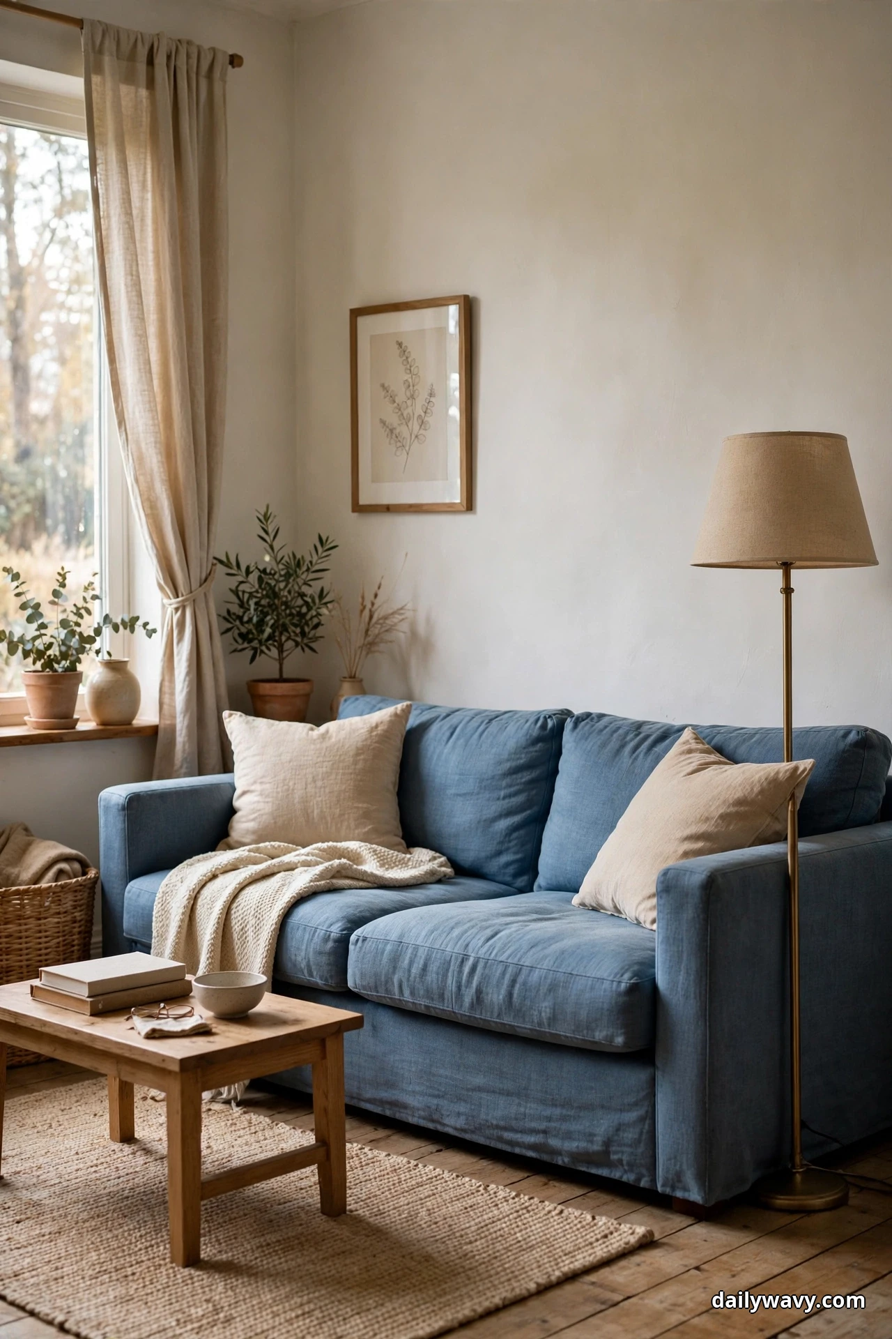 A blue sofa with cream cushions and a throw over one seat sits beside a tall floor lamp on a woven rug, with a wooden coffee table in front and a framed botanical print on the wall above