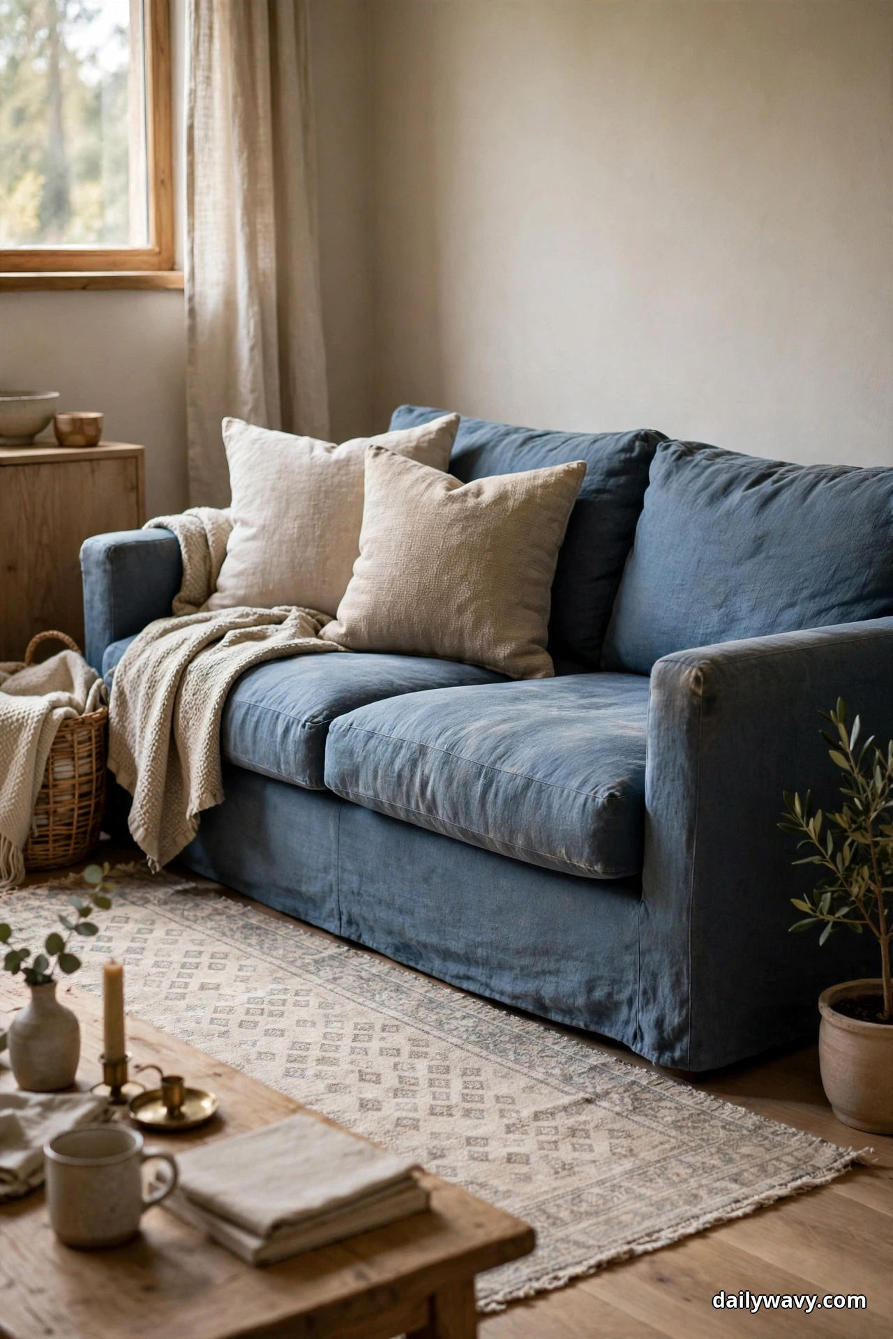 A blue sofa with cream cushions and a draped throw stands on a light patterned rug over a wood floor, with a wooden coffee table holding books and a mug in the foreground