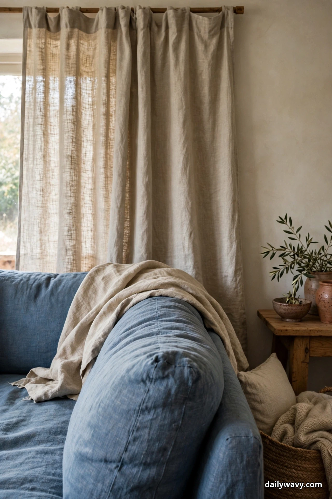 The back of a blue sofa with a cream throw draped over it faces tall linen curtains covering the wall behind, with a small wooden side table and a potted plant to one side
