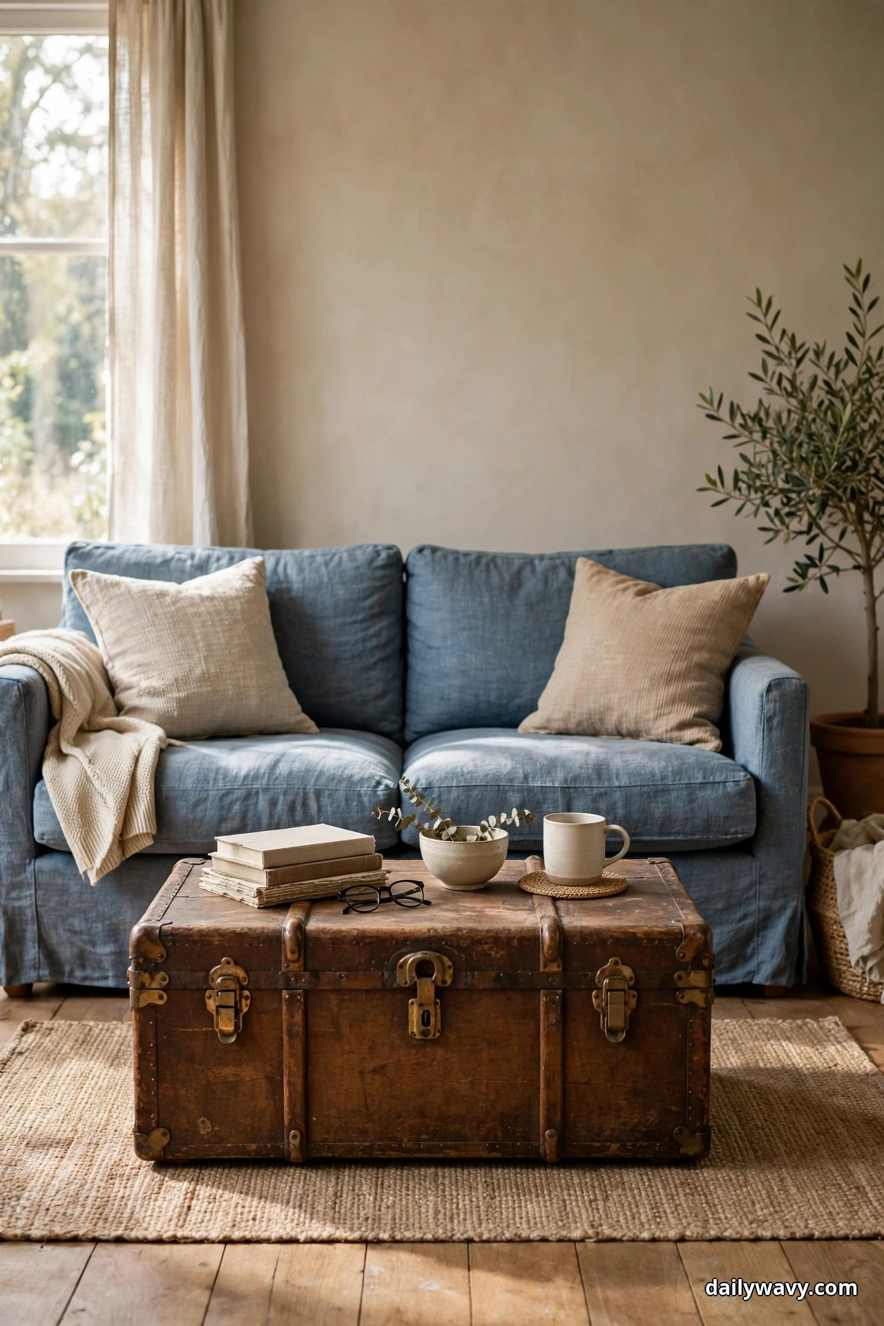A blue sofa with cream cushions and a throw sits behind a vintage brown leather trunk used as a coffee table, the trunk topped with stacked books, a mug and a small bowl, on a woven rug