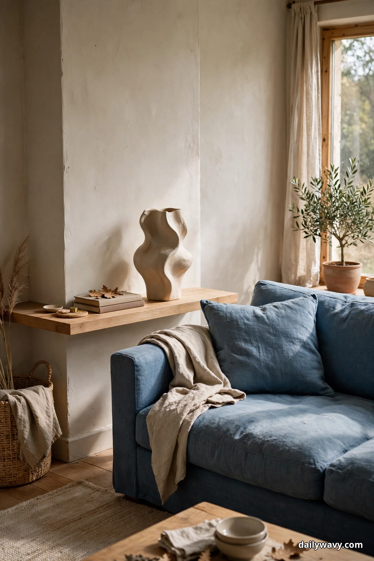A tall cream sculptural vase stands on a wooden wall shelf above the arm of a blue sofa with a throw draped over its seat