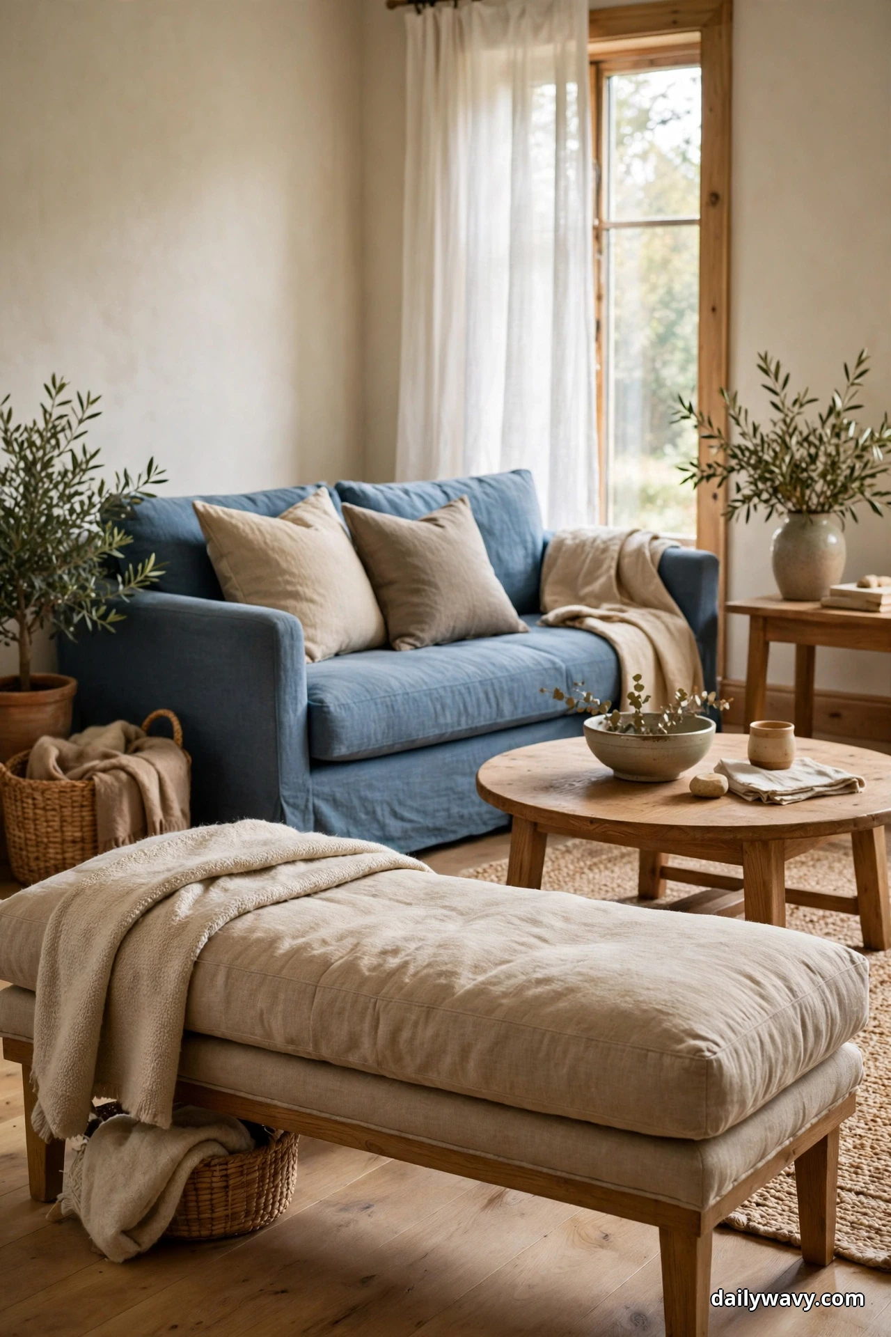 A cream upholstered bench draped with a throw faces a blue sofa with cream cushions across a round wooden coffee table in a bright living room