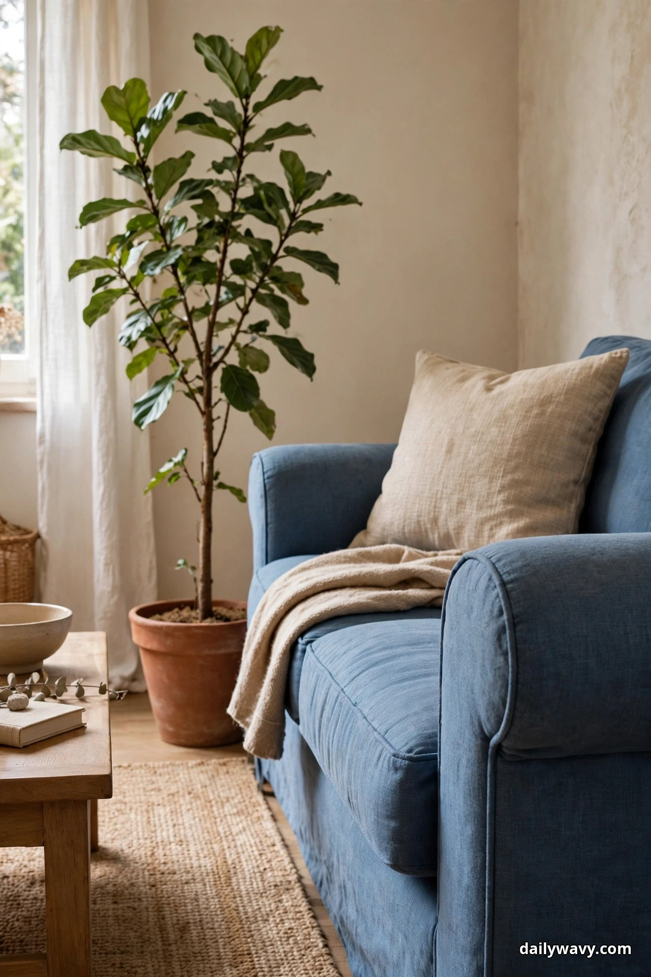 A tall fiddle-leaf fig in a terracotta pot stands beside the arm of a blue sofa with a cream cushion and a throw draped over the seat