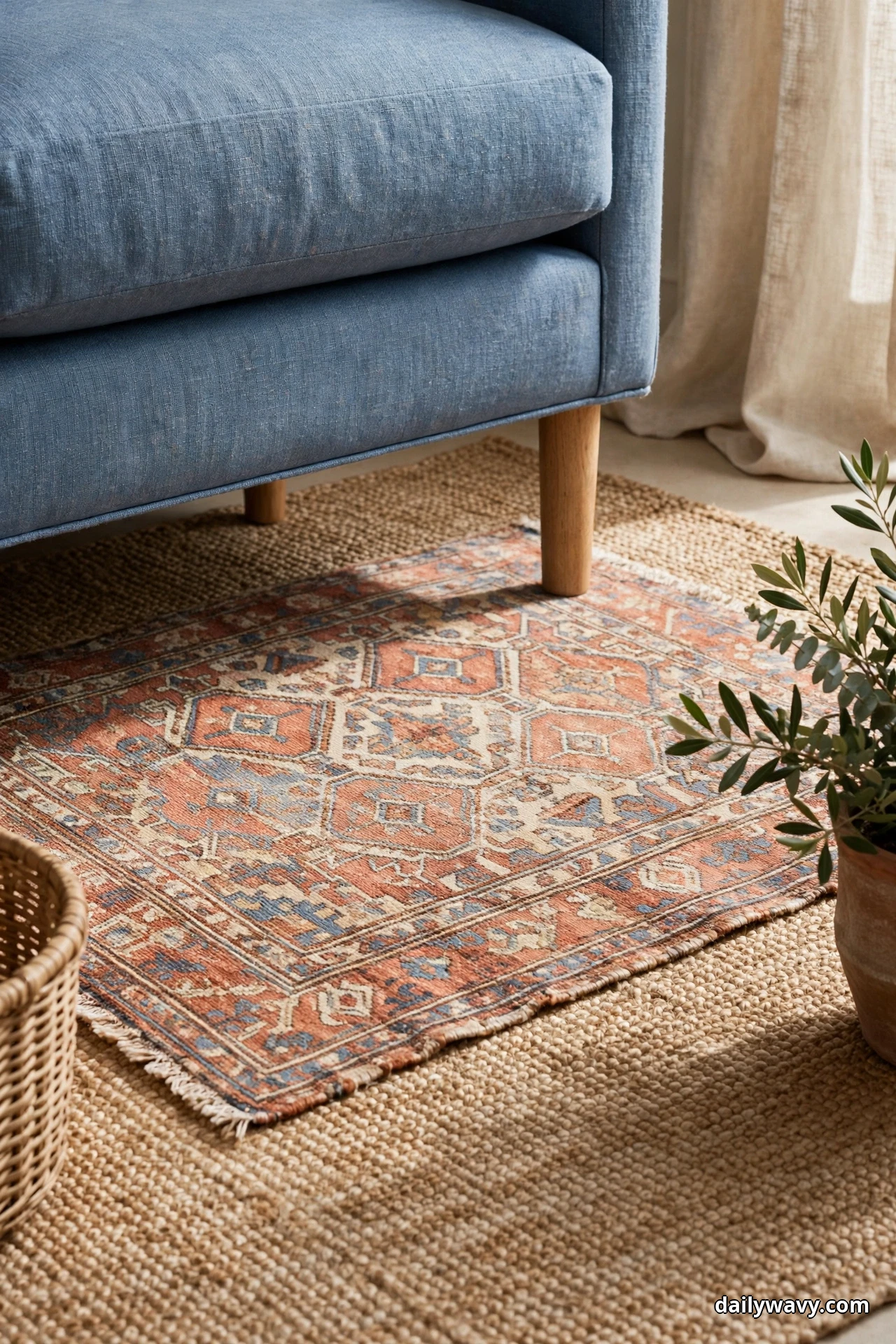 A patterned vintage-style rug in rust, blue and cream lies layered over a plain natural jute rug beneath the wooden legs of a blue sofa