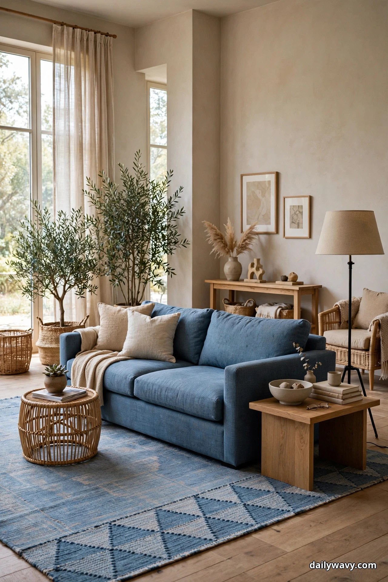 A blue sofa with cream cushions and a throw sits on a blue geometric-patterned tonal rug, with a woven side table, a wooden coffee table and olive trees in the bright room behind