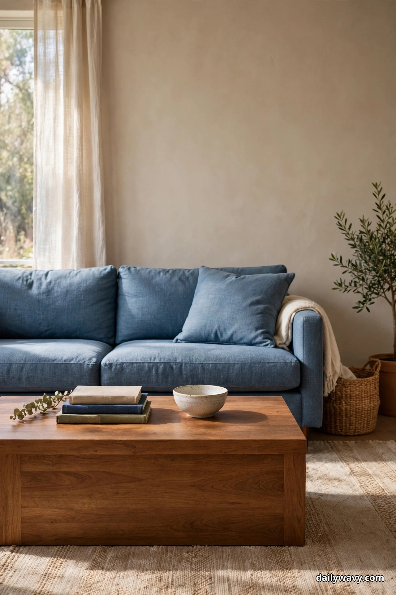 A blue sofa with a cream throw over one arm faces a large contrasting walnut wood coffee table holding stacked books and a bowl, on a woven rug