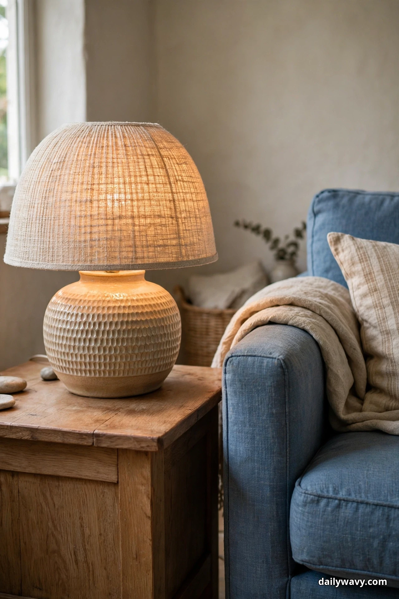 A low ceramic table lamp with a woven shade glows on a wooden side table beside the arm of a blue sofa with a draped throw
