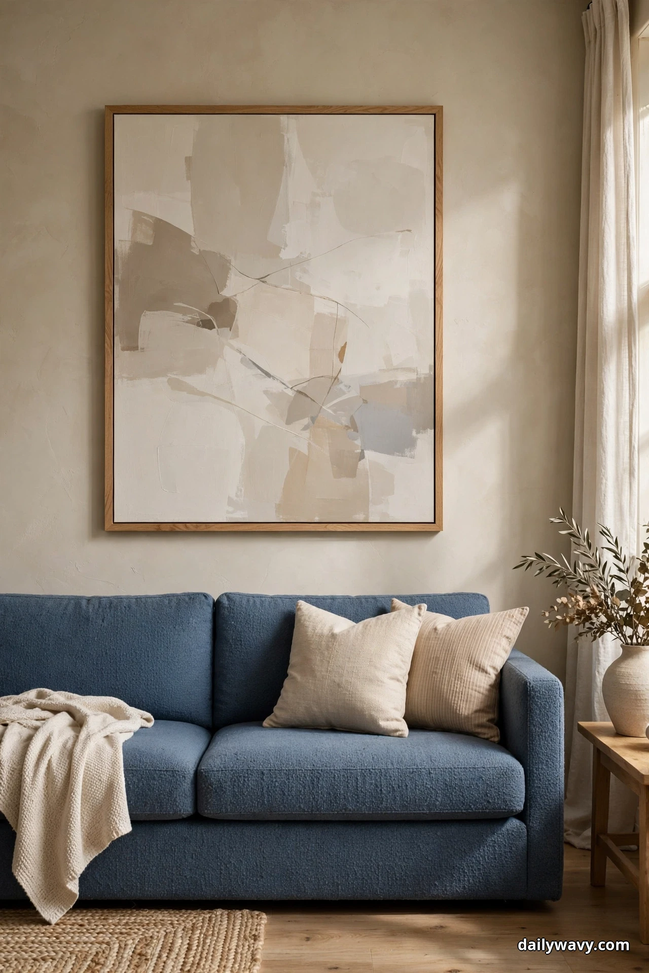 One large framed abstract artwork in cream and beige tones hangs on the wall above a blue sofa with cream cushions and a throw over one arm