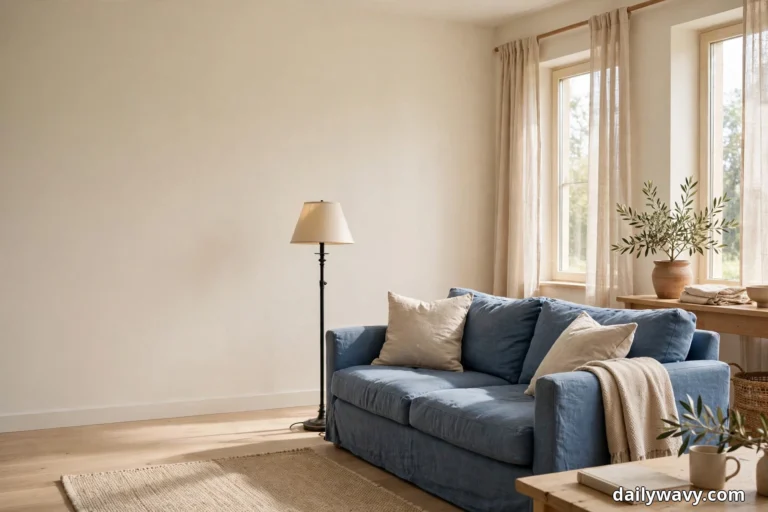 A blue sofa with cream cushions and a cream throw over one arm stands on a woven rug beside a black floor lamp, with linen curtains and a wooden console holding a potted olive plant by the windows behind it