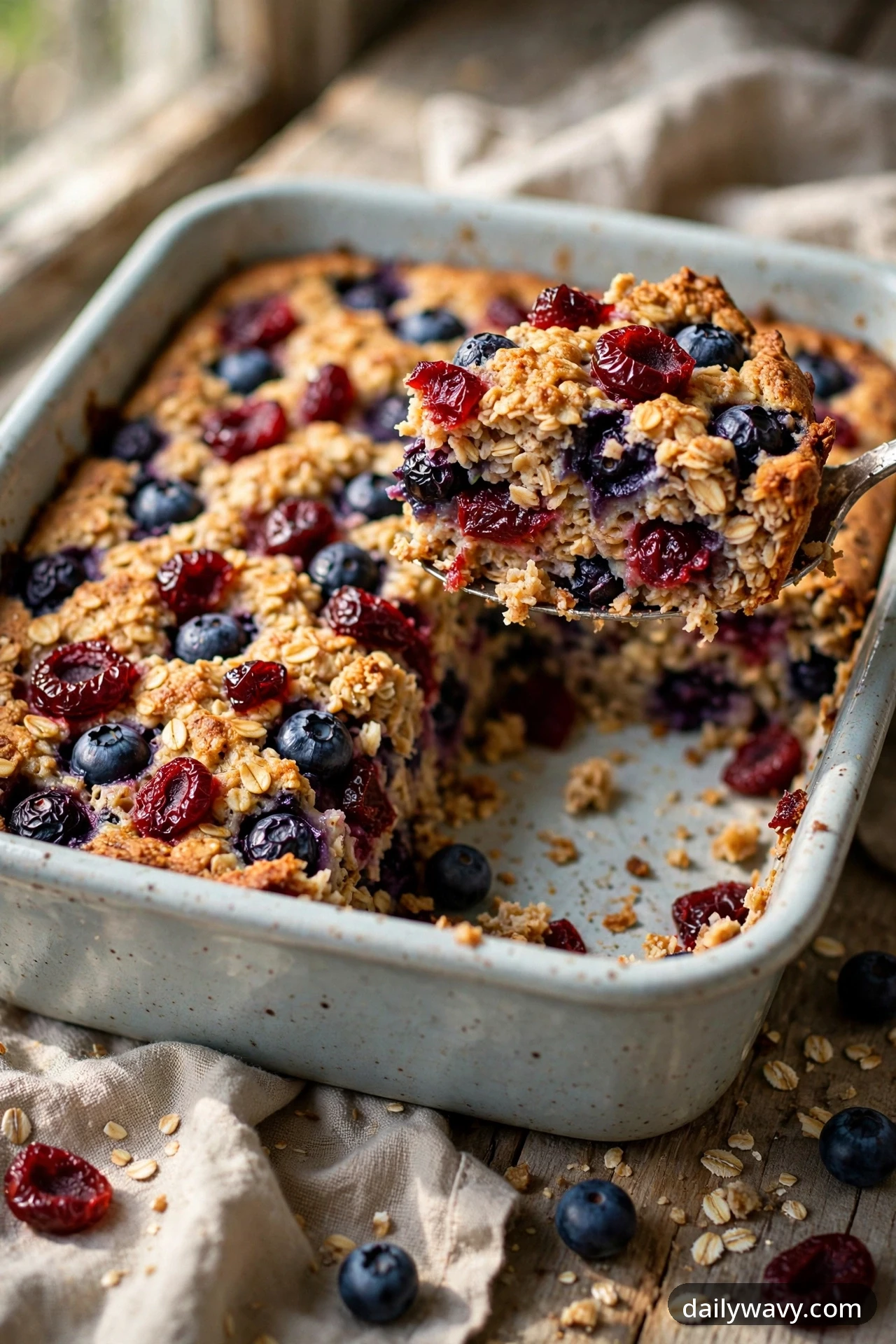 A serving spoon lifts a square of blueberry baked oatmeal studded with plump red dried cherries from a ceramic baking dish.