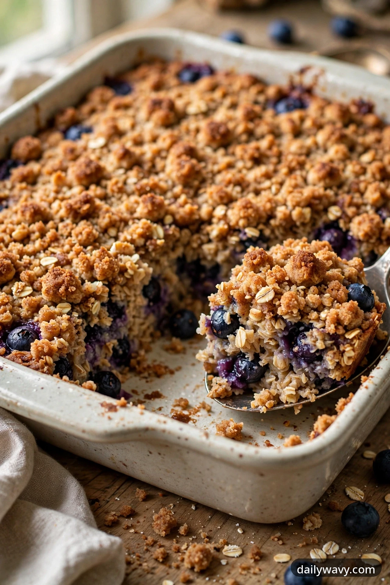 A golden cinnamon streusel crust covers a dish of blueberry baked oatmeal while a spoon lifts one crumb-topped square from the corner.