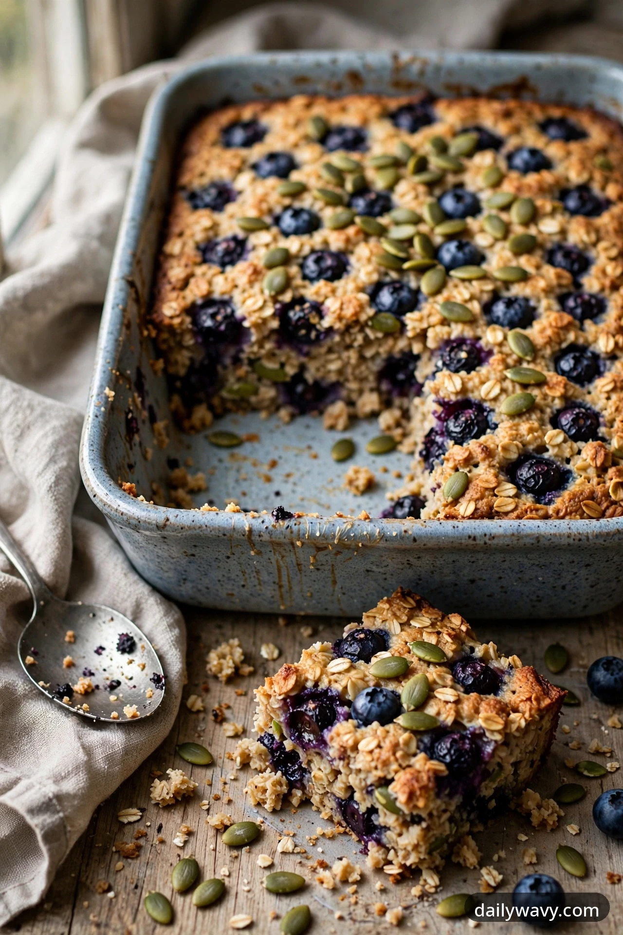 Green pumpkin seeds scatter across the top of a blueberry baked oatmeal pan, with one seeded square set in front of the dish.