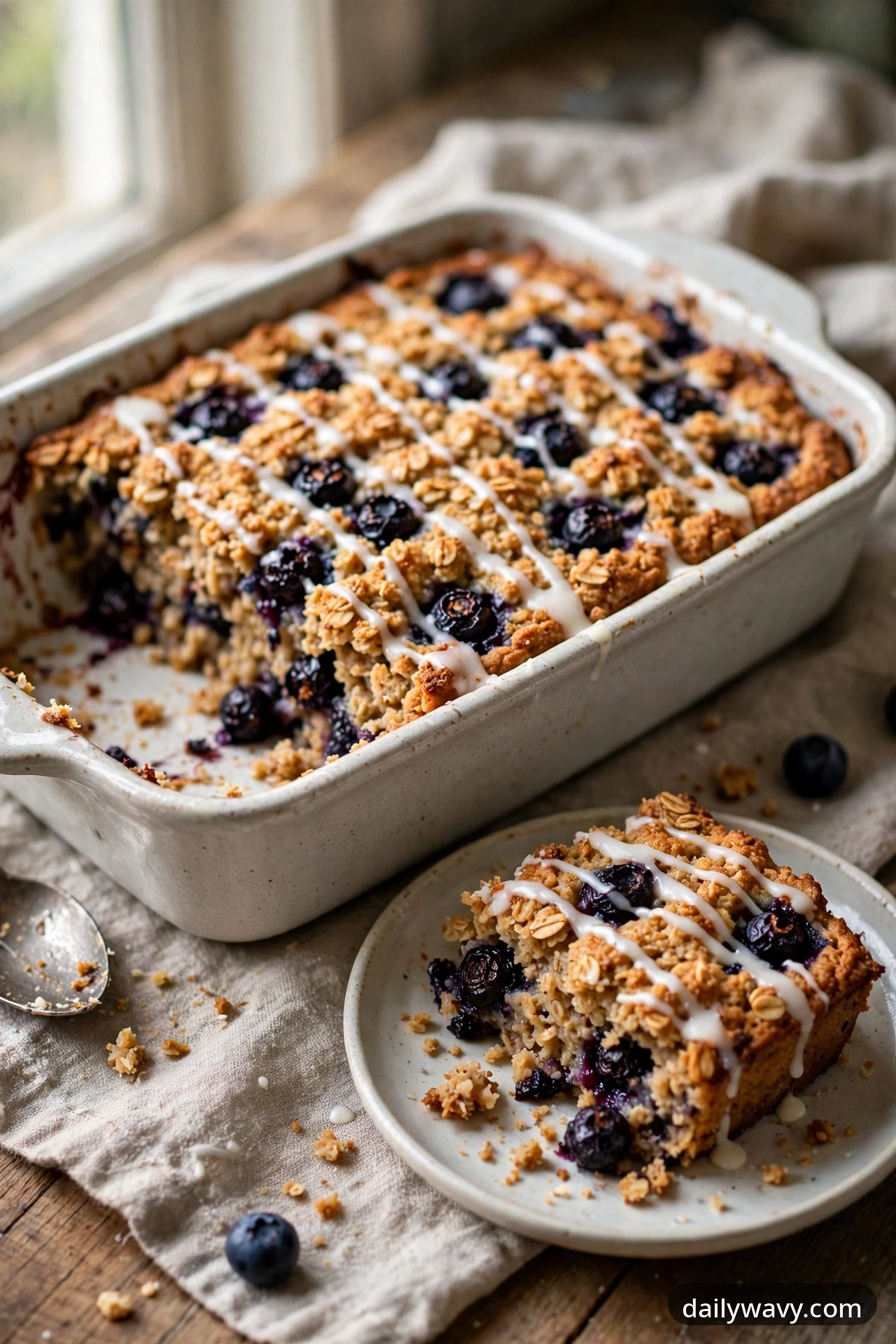 White vanilla glaze zigzags over a dish of blueberry baked oatmeal and over one glazed square served on a plate in front.