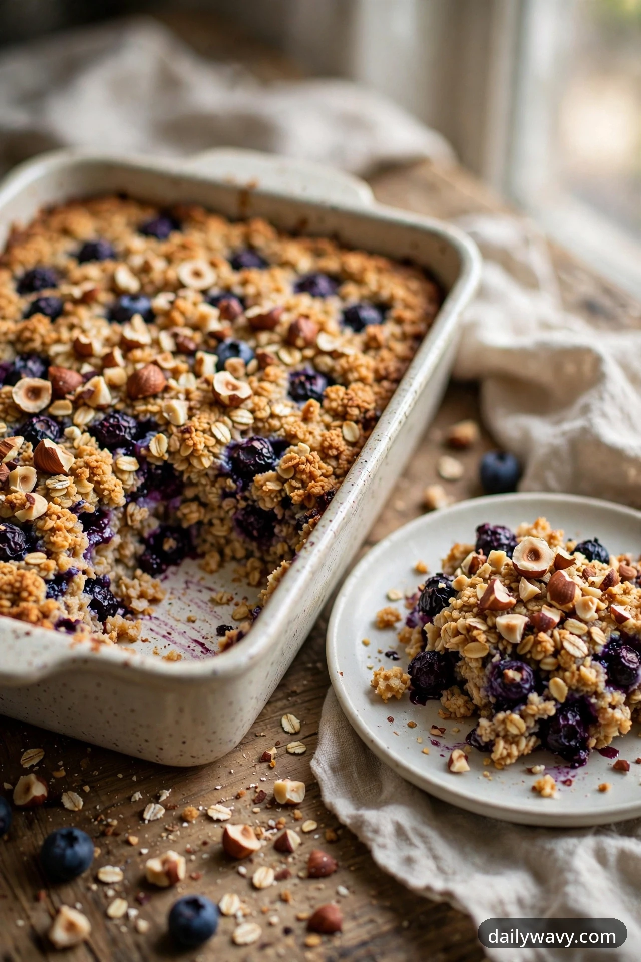 Chopped toasted hazelnuts cover the top of a blueberry baked oatmeal pan, with one hazelnut-topped serving scooped onto a plate beside the dish.