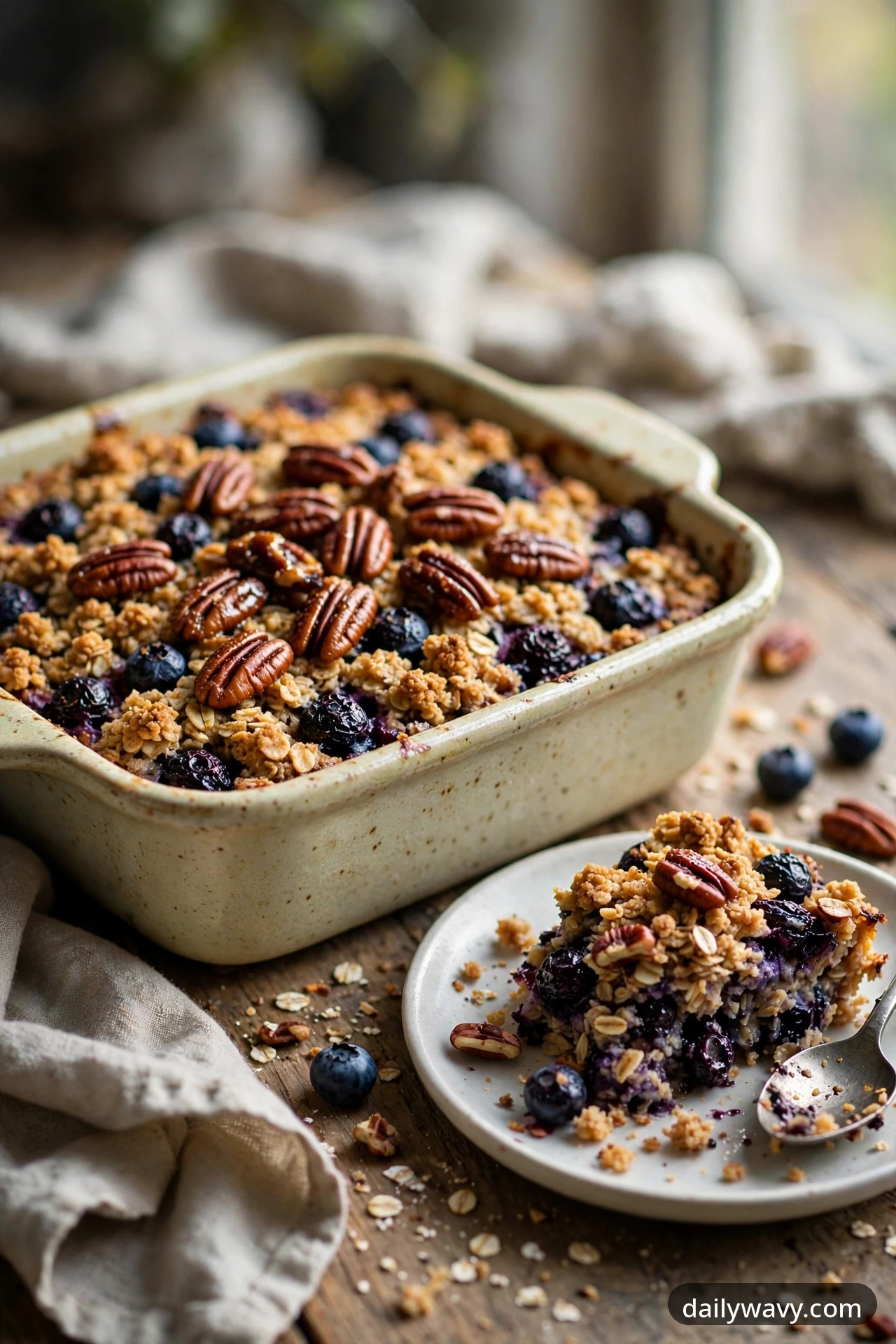 Whole pecan halves line the top of a blueberry baked oatmeal pan in rough rows, with one pecan-topped square served on a plate in front.