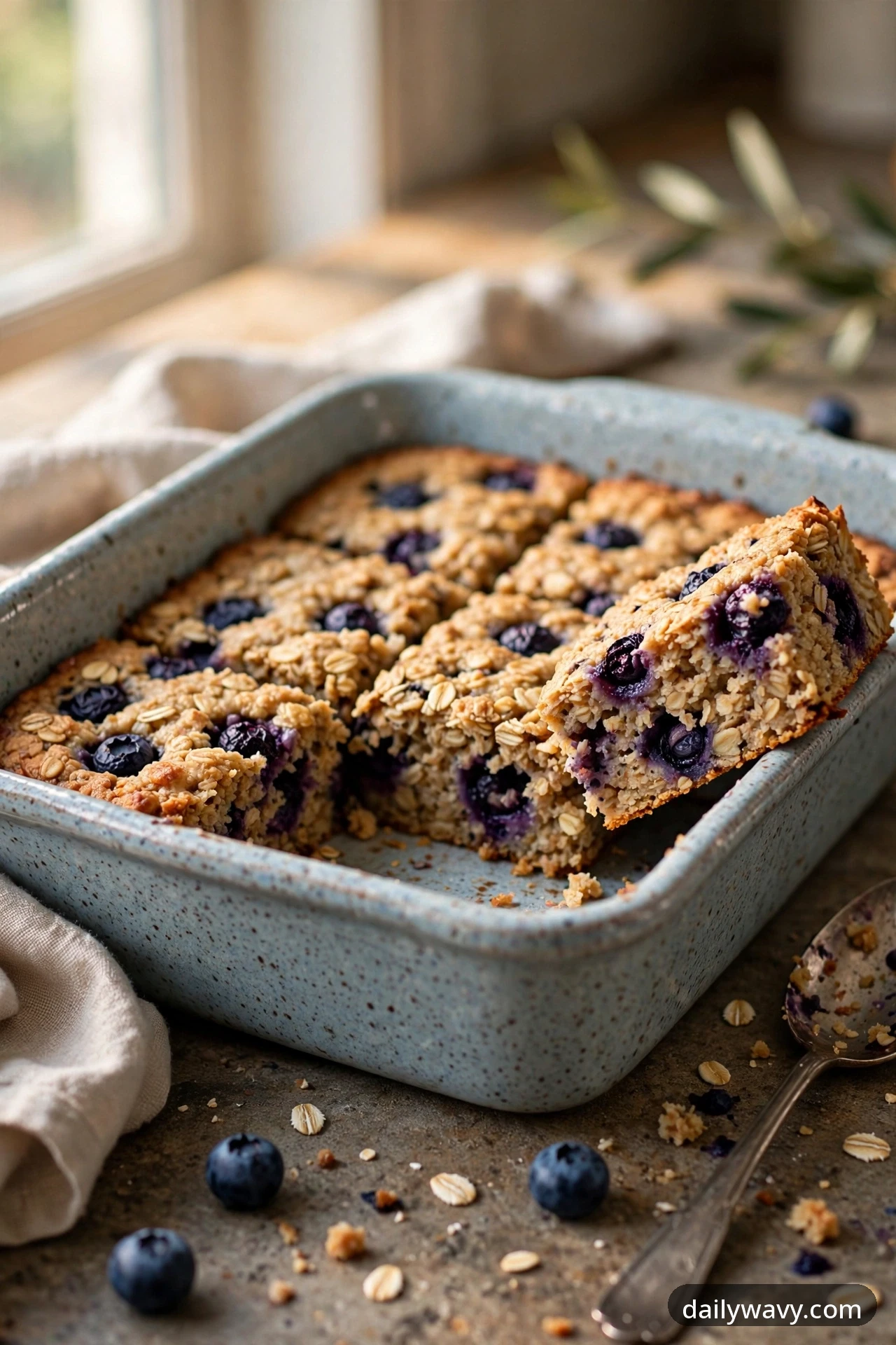 Firm blueberry baked oatmeal squares are cut in neat rows inside a ceramic dish, with one square lifted and leaning against the rim to show its dense, berry-filled center.