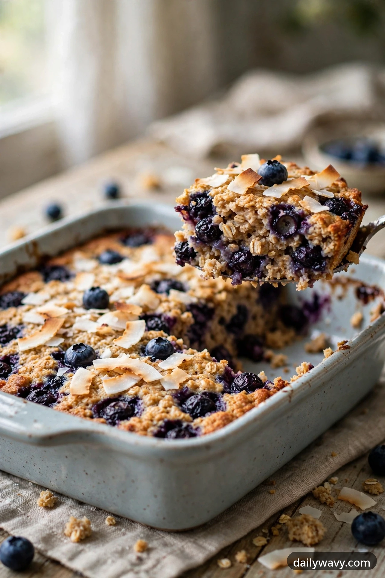Toasted coconut flakes scatter over a dish of blueberry baked oatmeal while a spoon lifts a flake-topped square above the pan.