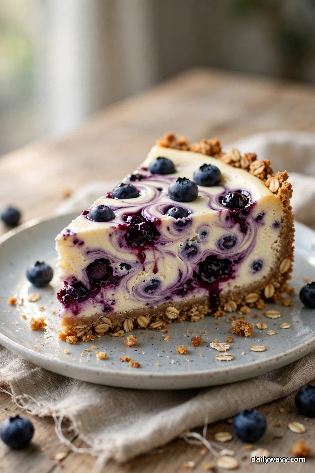 A closer view shows a slice of blueberry cheesecake with a toasted oat crust on a dessert plate, blueberry compote swirled through the creamy filling
