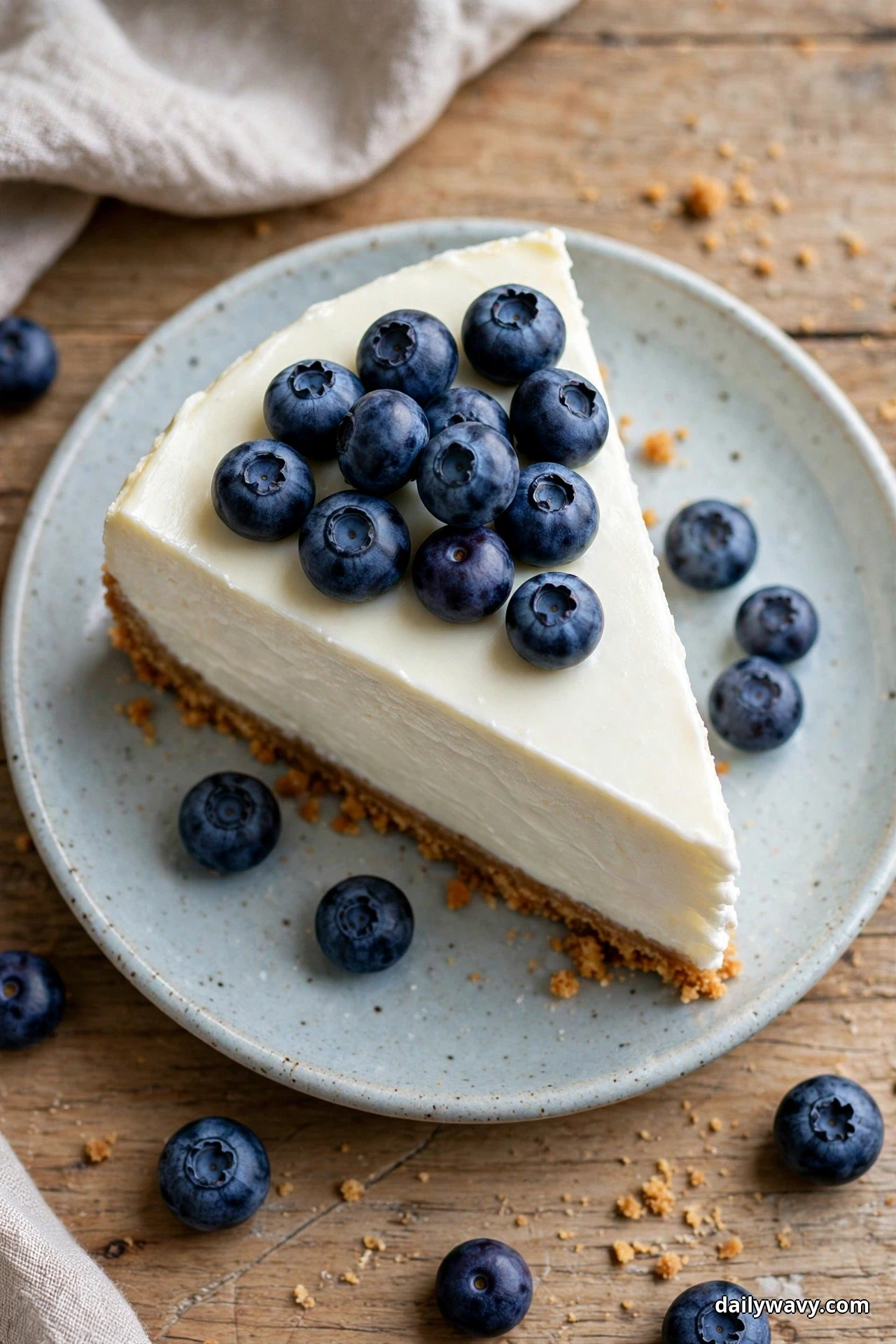 A slice of pale mascarpone cheesecake with a graham crust sits on a plate topped with a pile of fresh blueberries