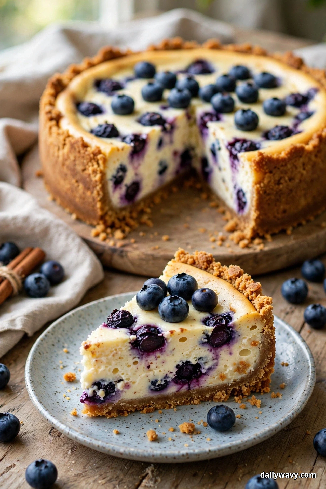 A whole cheesecake with a golden cinnamon graham crust and blueberries baked into the filling stands behind a plated slice on a wooden board