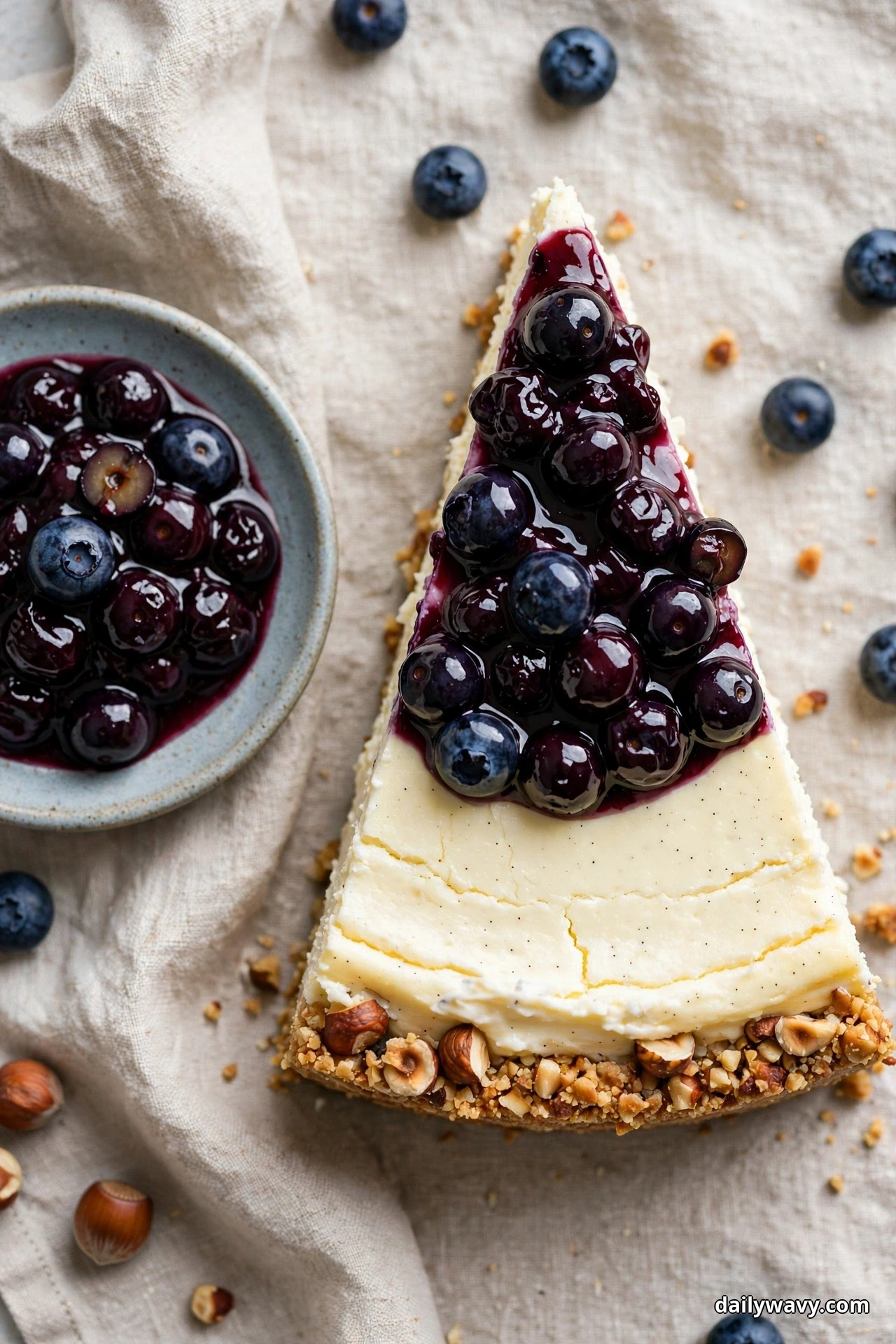 An overhead view shows a slice of cheesecake with a chopped hazelnut crust covered in blueberry compote, a small bowl of compote beside it on a linen cloth