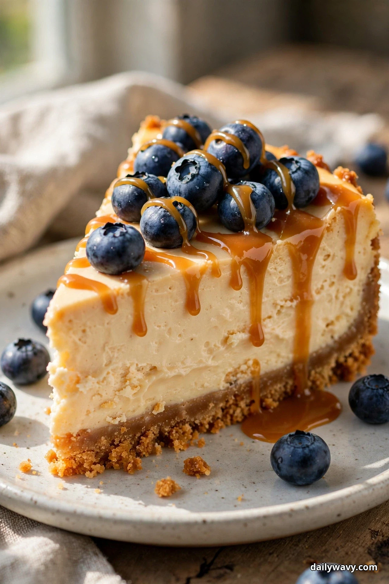A slice of cheesecake with a biscuit base sits on a plate with caramel sauce dripping over the fresh blueberries on top