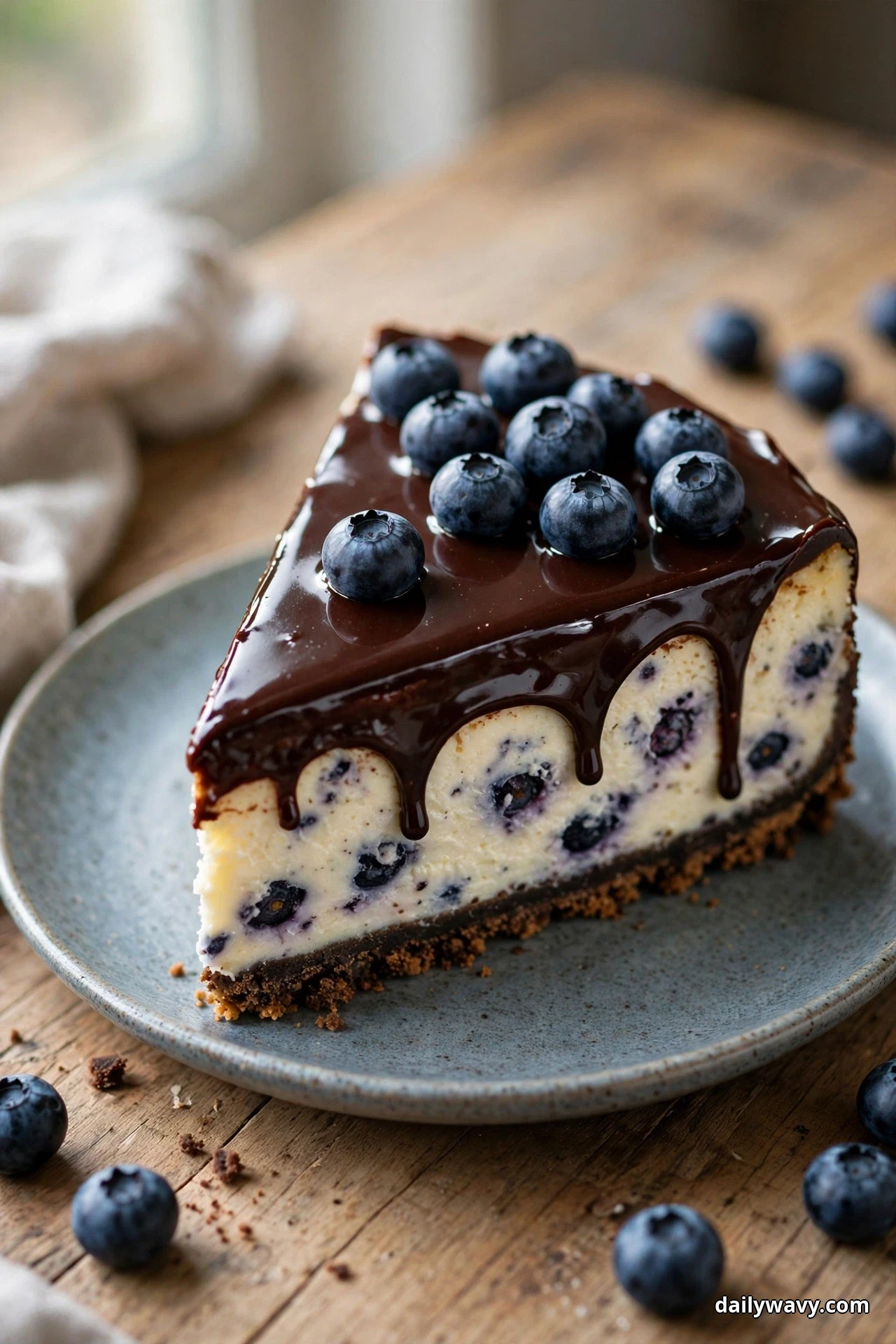A slice of cheesecake with a dark chocolate wafer crust sits on a plate under glossy chocolate ganache and fresh blueberries
