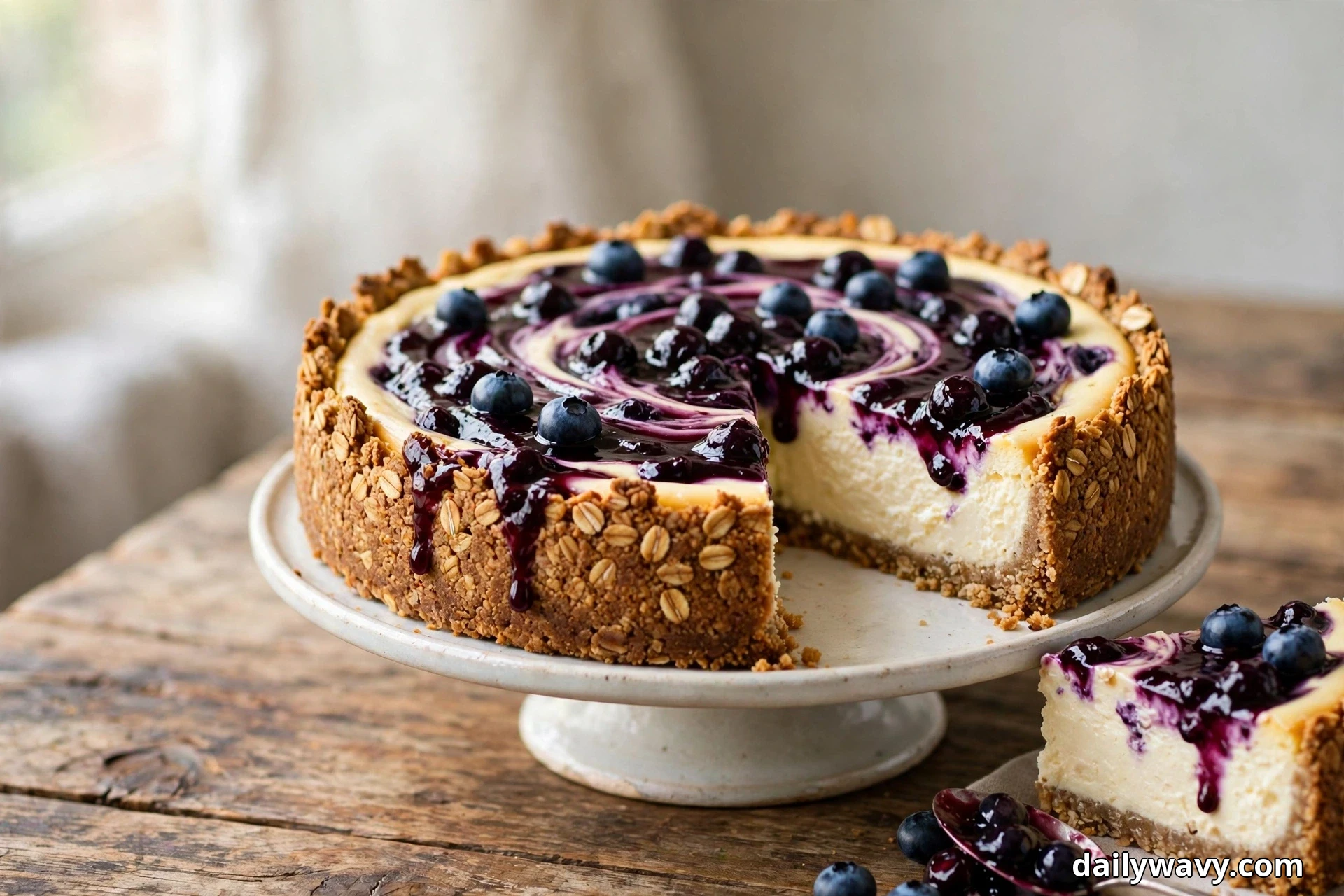 A wide view shows a whole blueberry cheesecake with a crumbly toasted oat crust and blueberry compote swirled across the top on a white cake stand, one slice set beside it