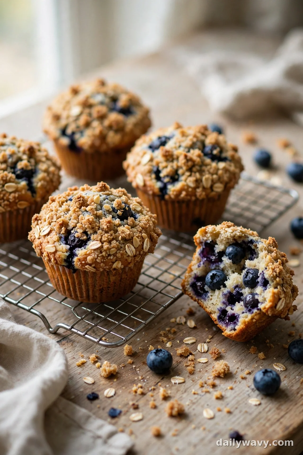 Blueberry muffins with crunchy oat streusel topping on a cooling rack beside a split muffin