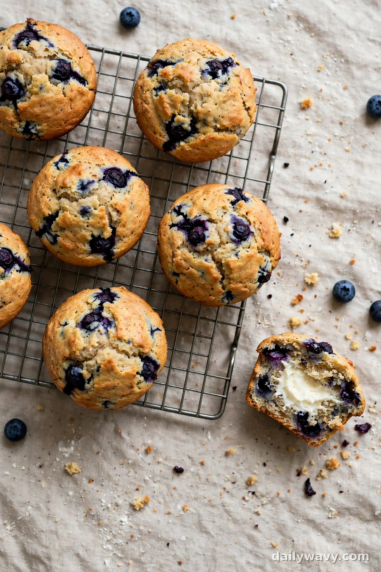 Blueberry muffins with a creamy white cream-cheese center visible in a split muffin