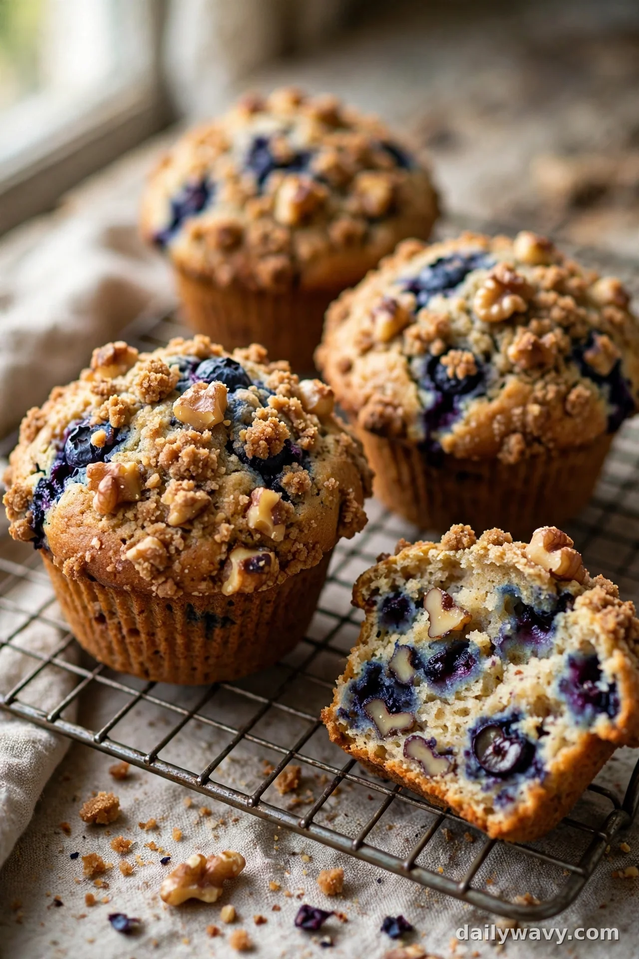 Blueberry muffins topped with walnut crumb streusel and visible walnut pieces