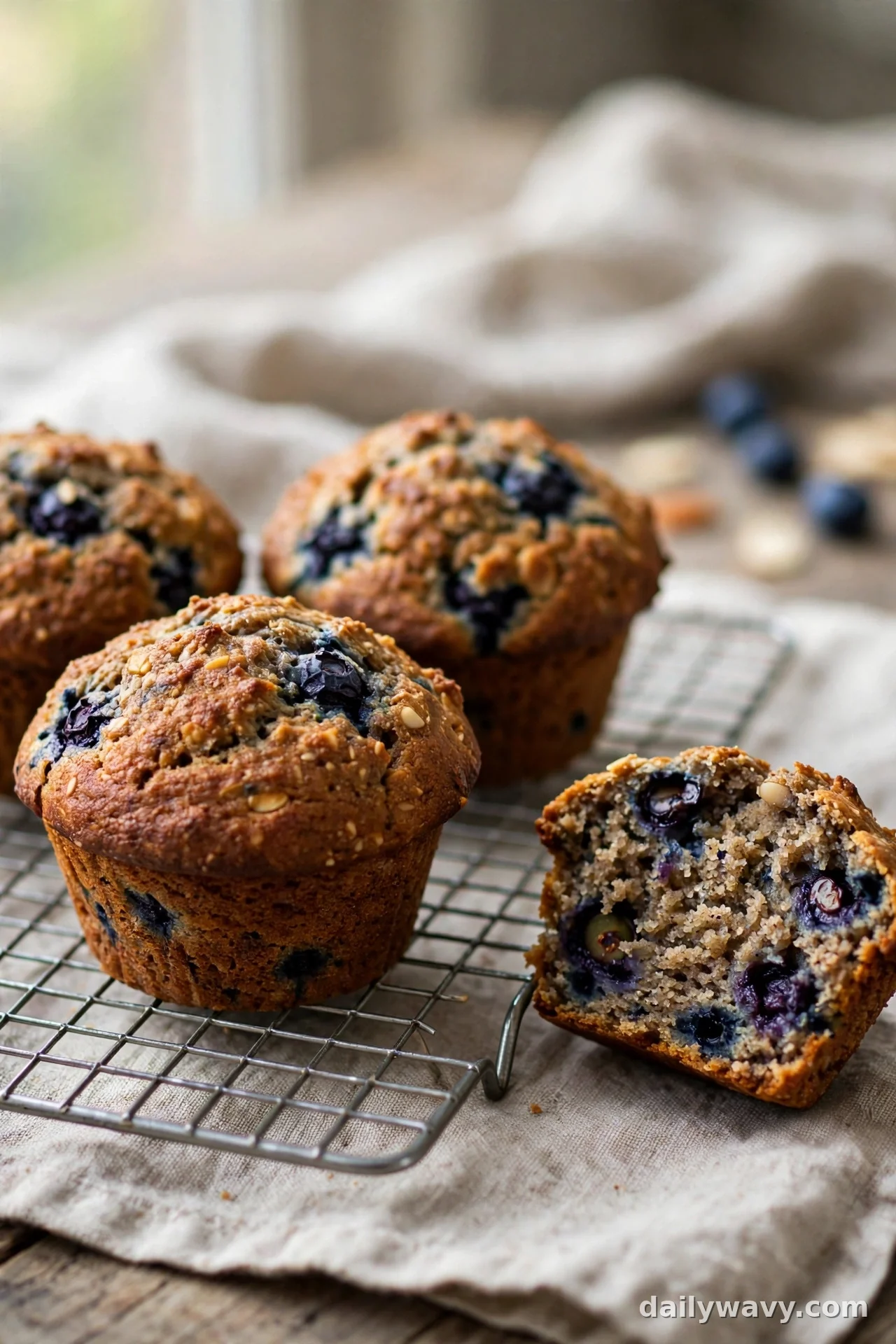 Golden blueberry muffins made with almond flour blend showing a tender crumb