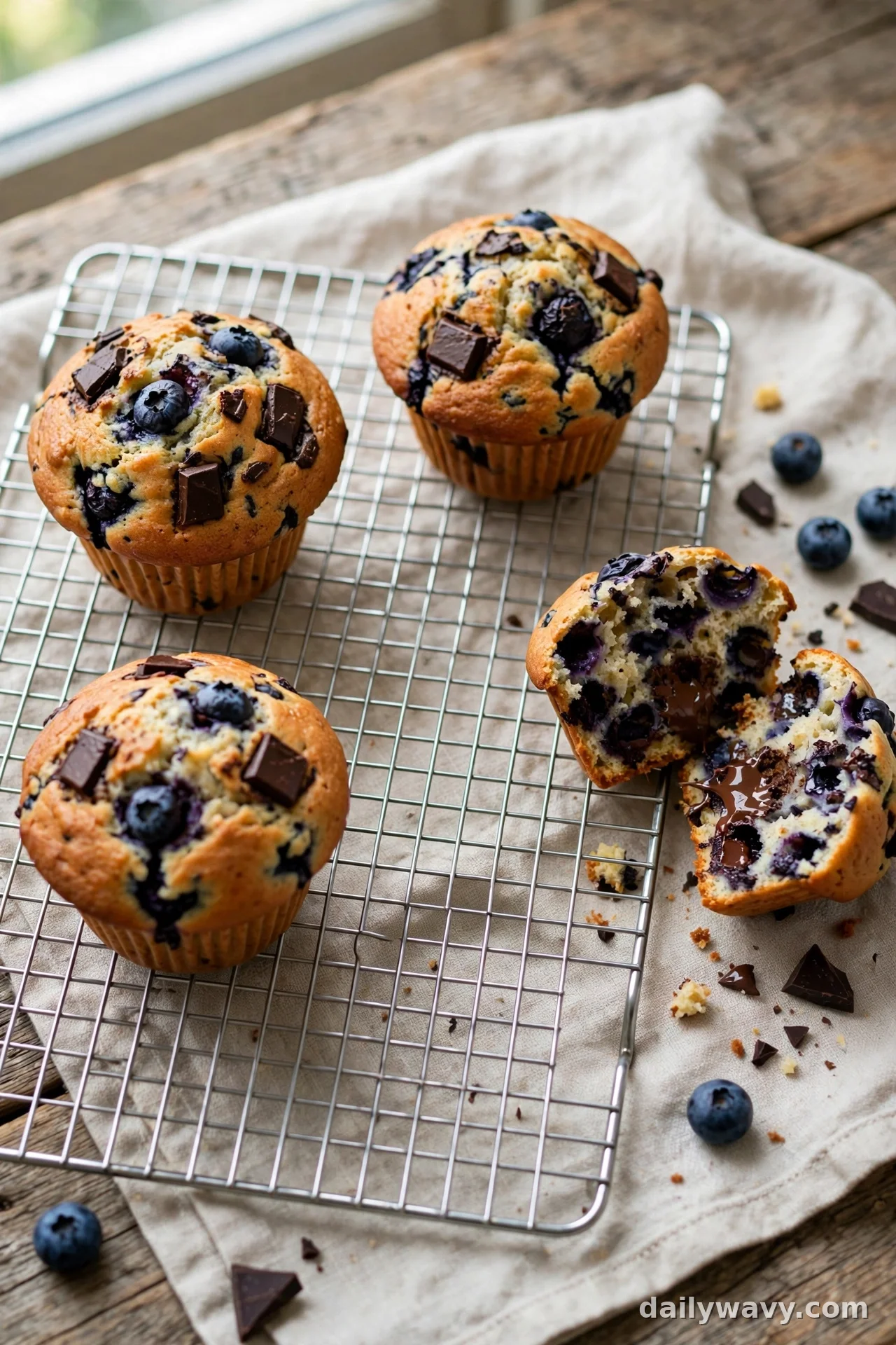 Blueberry muffins studded with dark chocolate chunks, one split showing melted chocolate