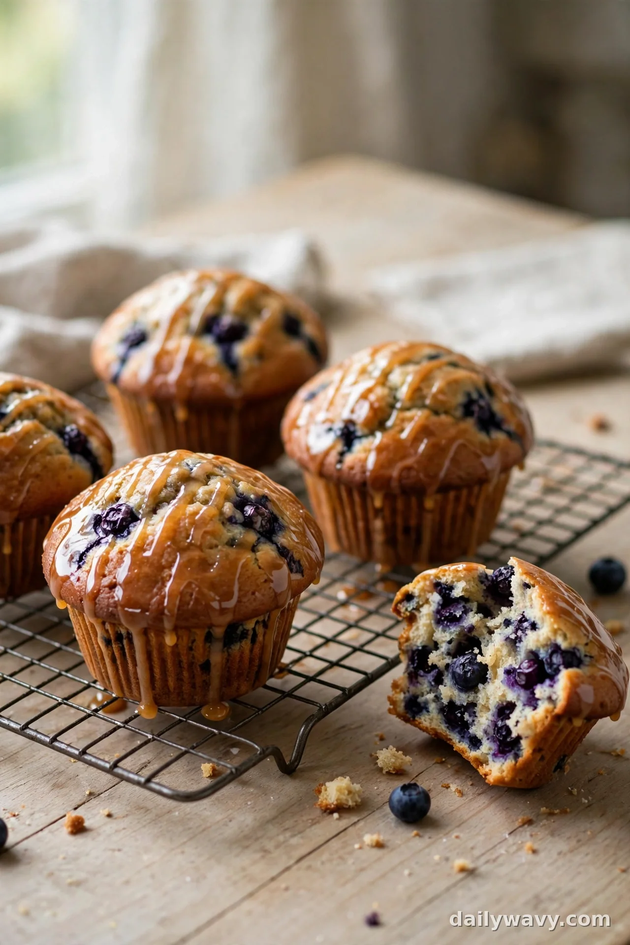 Blueberry muffins drizzled with maple glaze on a cooling rack