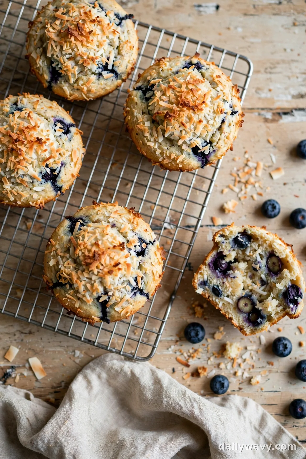 Blueberry muffins topped with toasted shredded coconut