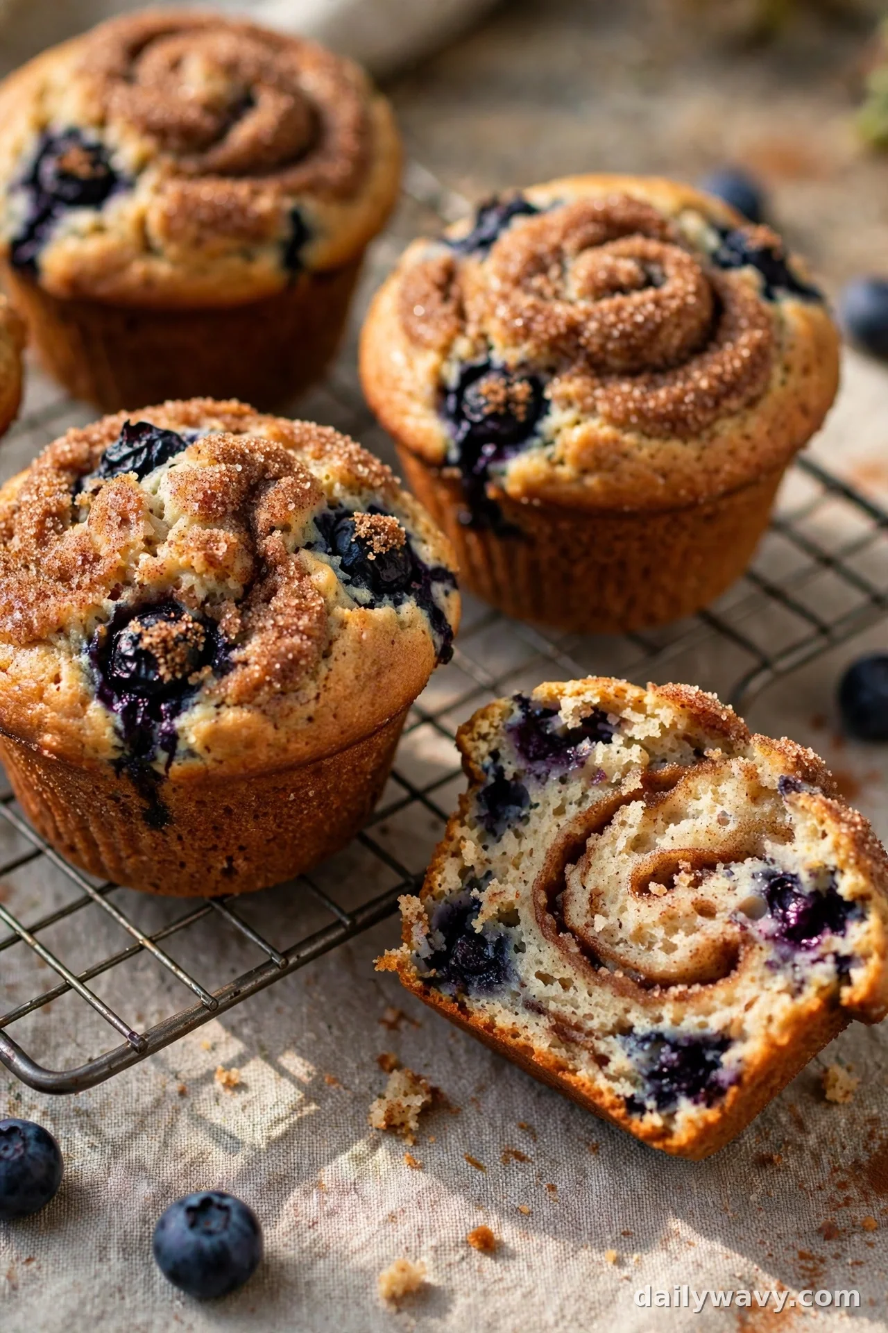 Blueberry muffins with a visible cinnamon sugar swirl inside a split muffin