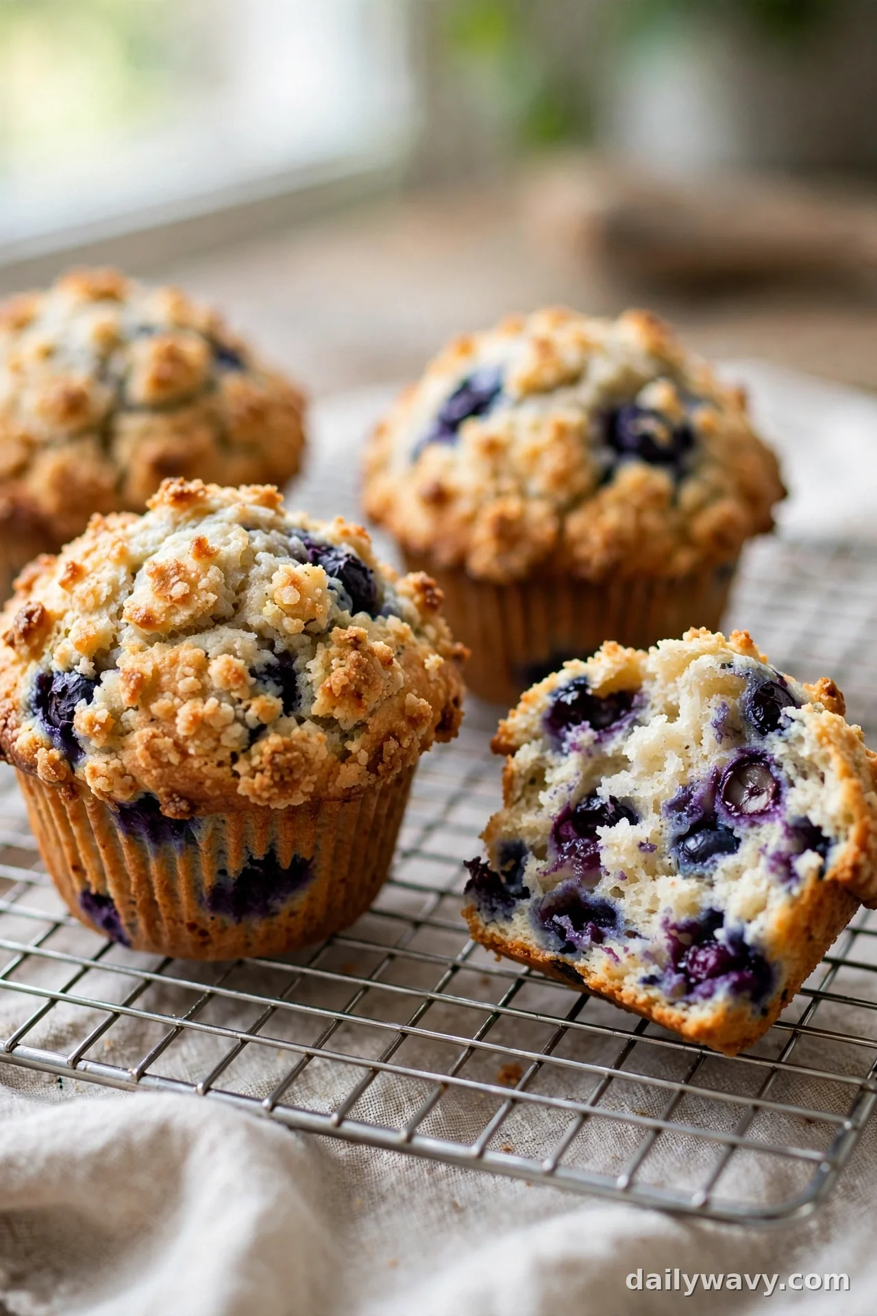 Tall domed blueberry muffins from Greek yogurt batter with a crumbly top