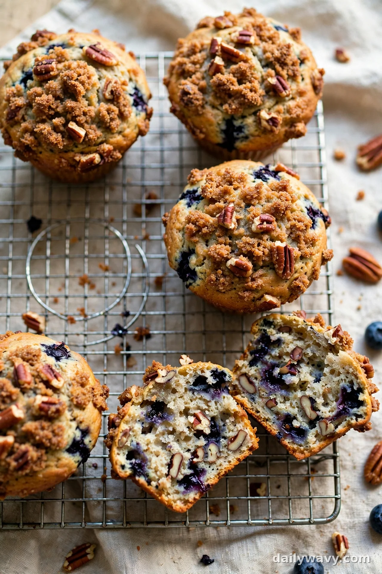 Blueberry muffins with caramelized pecan crunch topping