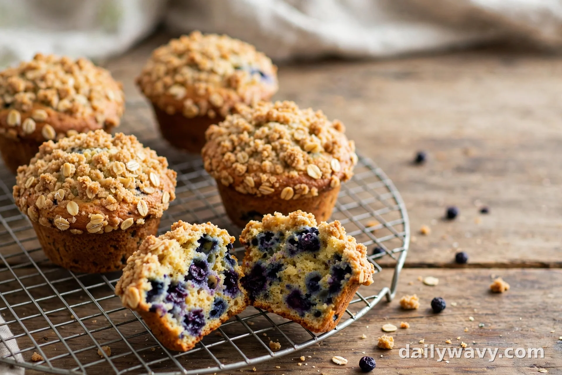Blueberry muffins with oat streusel topping on a cooling rack, one split open showing juicy blueberries