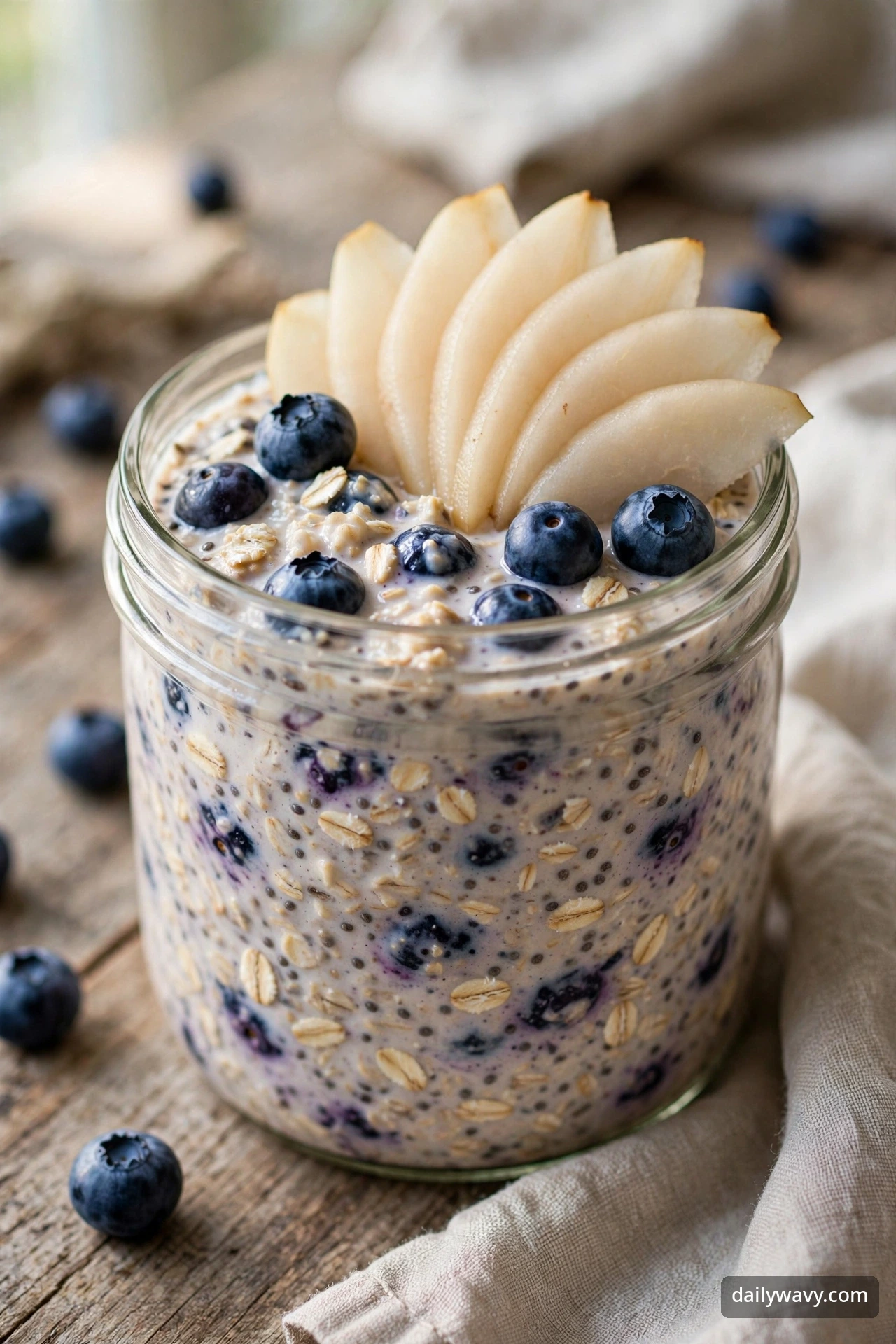 Blueberry Overnight Oats With Poached Pear