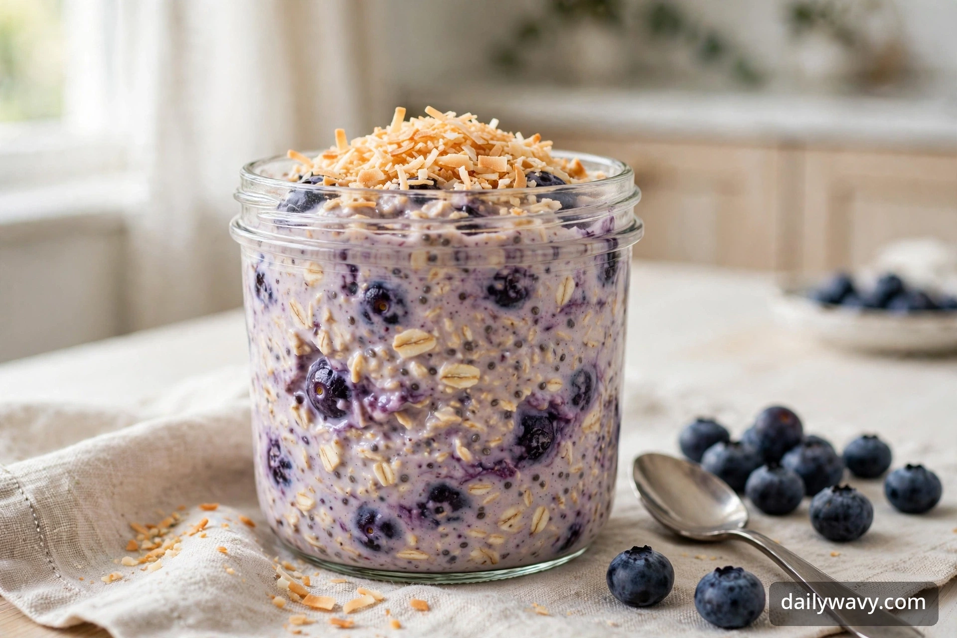 Blueberry overnight oats shown in a complete styled scene