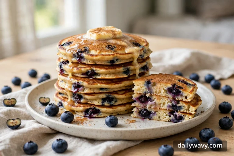 A tall stack of blueberry pancakes with melting cinnamon butter and fresh blueberries in a styled scene