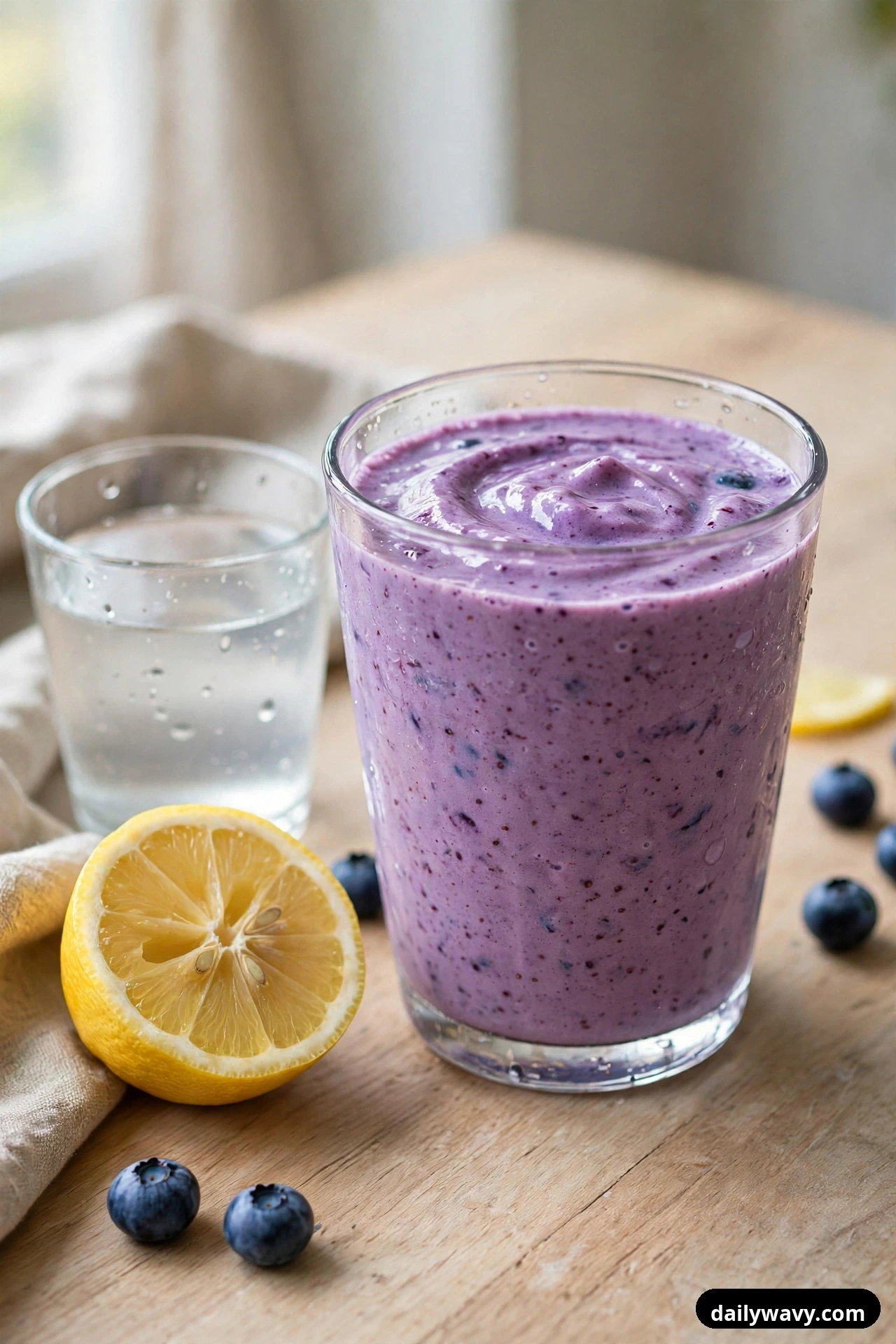 A tall glass of pale purple blueberry lemon smoothie stands beside a halved lemon and a small glass of coconut water, with blueberries scattered on the wooden table.